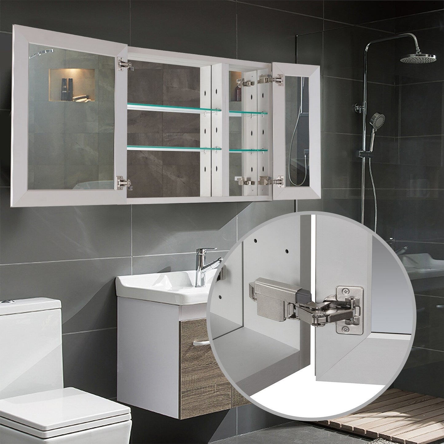 Forclover KF 30-in x 26-in Surface/Recessed Mount Satin Mirrored Soft Close Medicine Cabinet