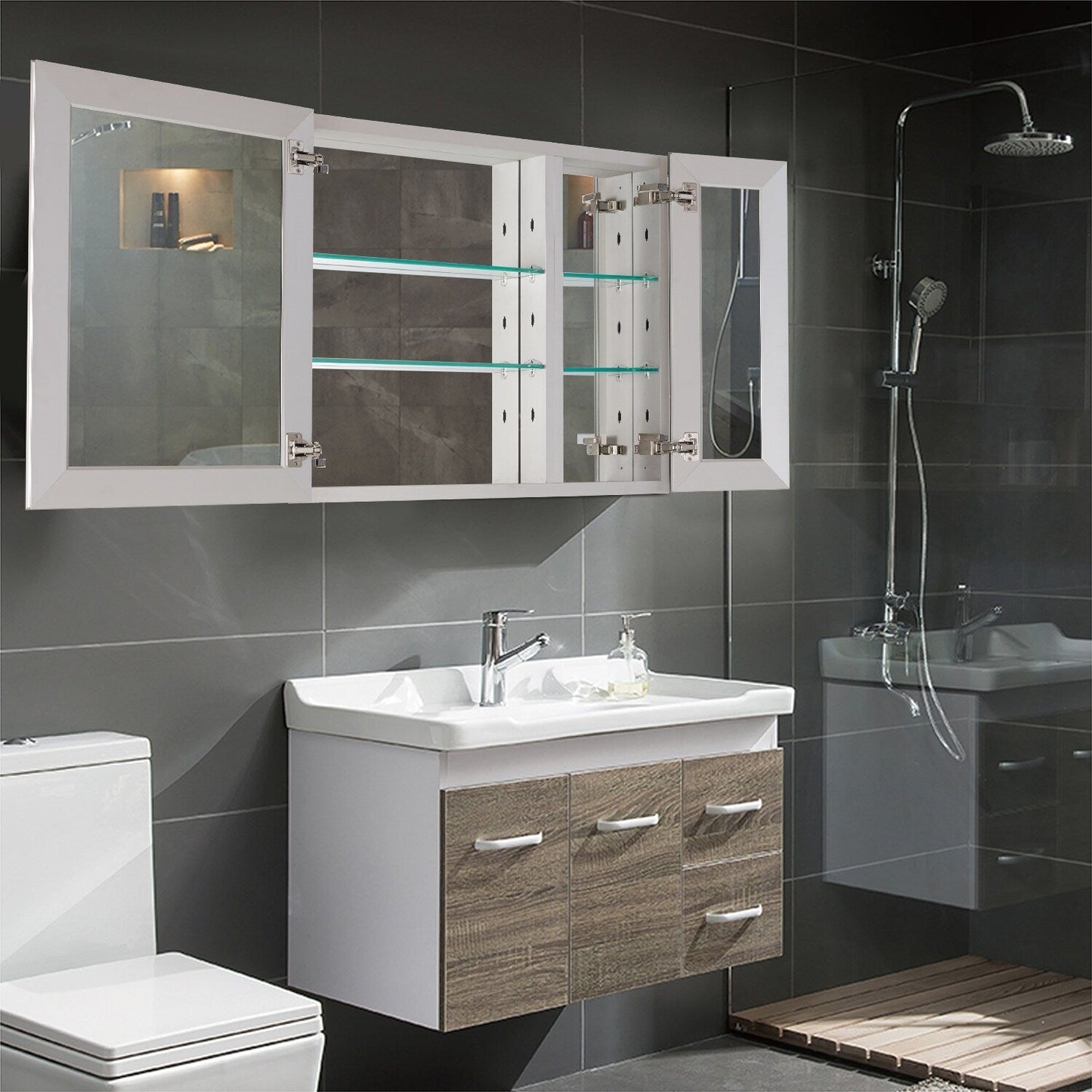 Forclover KF 30-in x 26-in Surface/Recessed Mount Satin Mirrored Soft Close Medicine Cabinet