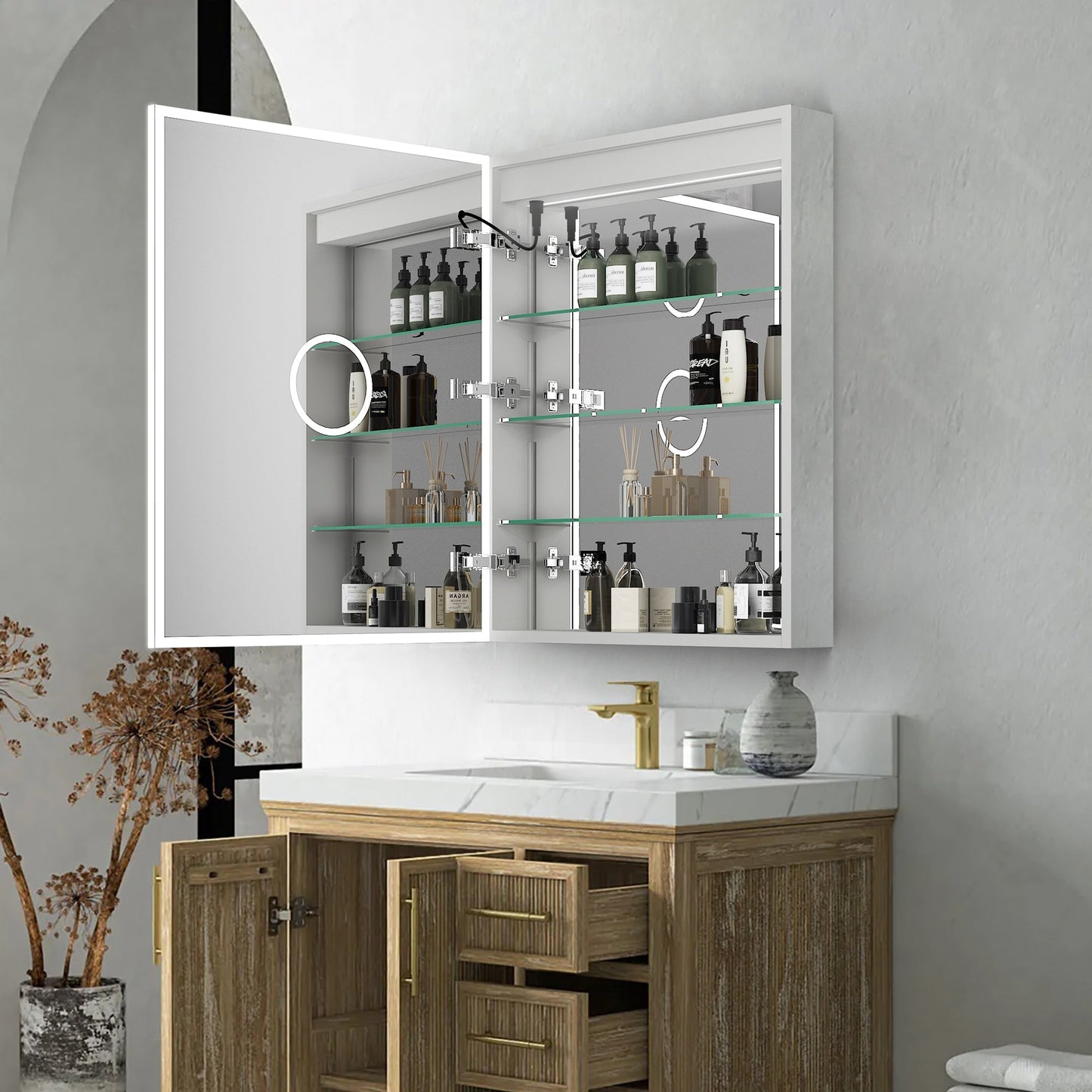 Forclover 24-in x 30-in Lighted LED Fog Free Surface/Recessed Mount Silver Mirrored Soft Close Medicine Cabinet with Outlet