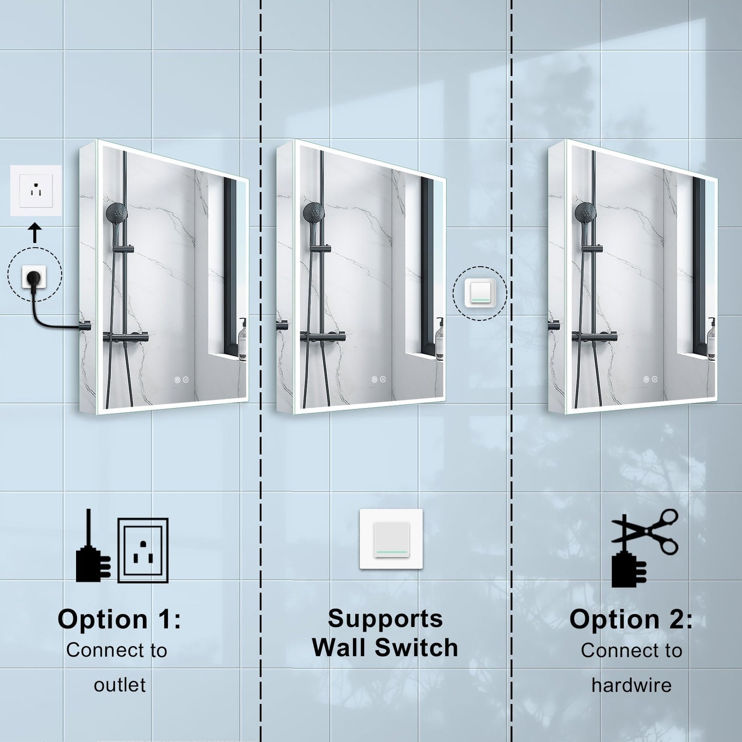 Forclover 24-in x 30-in Lighted LED Fog Free Surface/Recessed Mount Silver Mirrored Soft Close Medicine Cabinet with Outlet