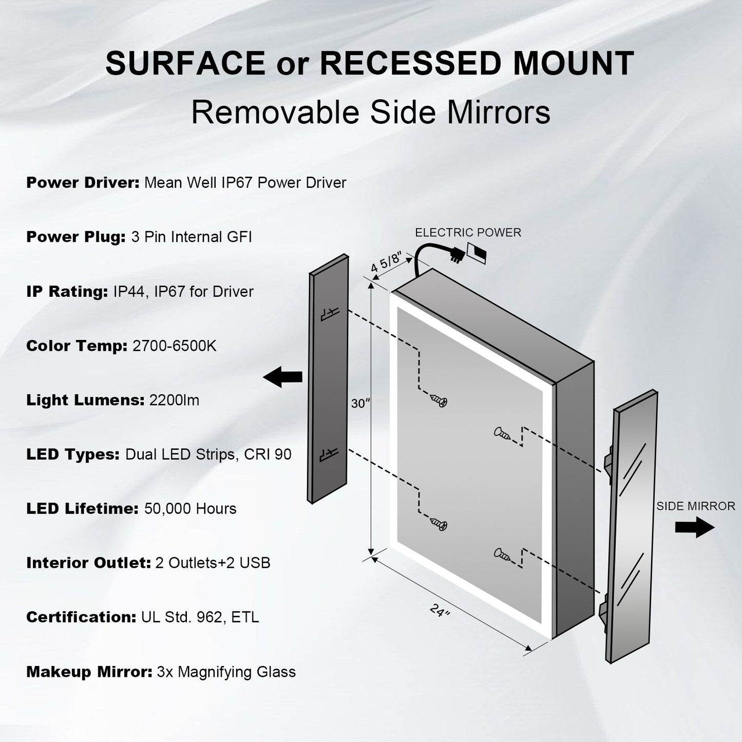Forclover 24-in x 30-in Lighted LED Fog Free Surface/Recessed Mount Silver Mirrored Soft Close Medicine Cabinet with Outlet