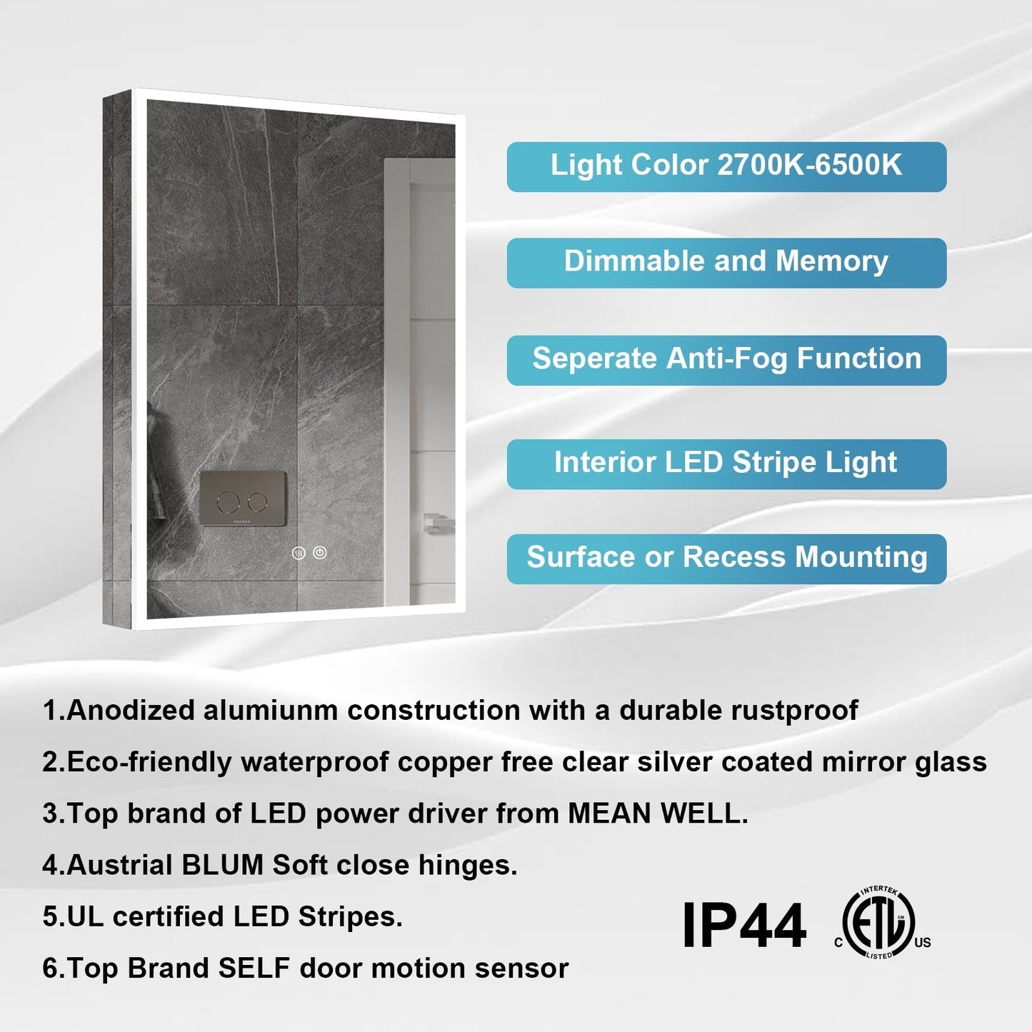Forclover 24-in x 30-in Lighted LED Fog Free Surface/Recessed Mount Silver Mirrored Soft Close Medicine Cabinet with Outlet