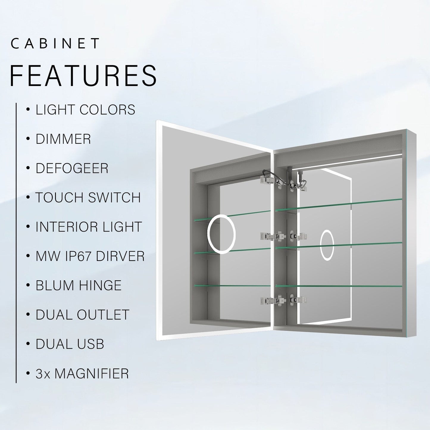Forclover 24-in x 30-in Lighted LED Fog Free Surface/Recessed Mount Silver Mirrored Soft Close Medicine Cabinet with Outlet