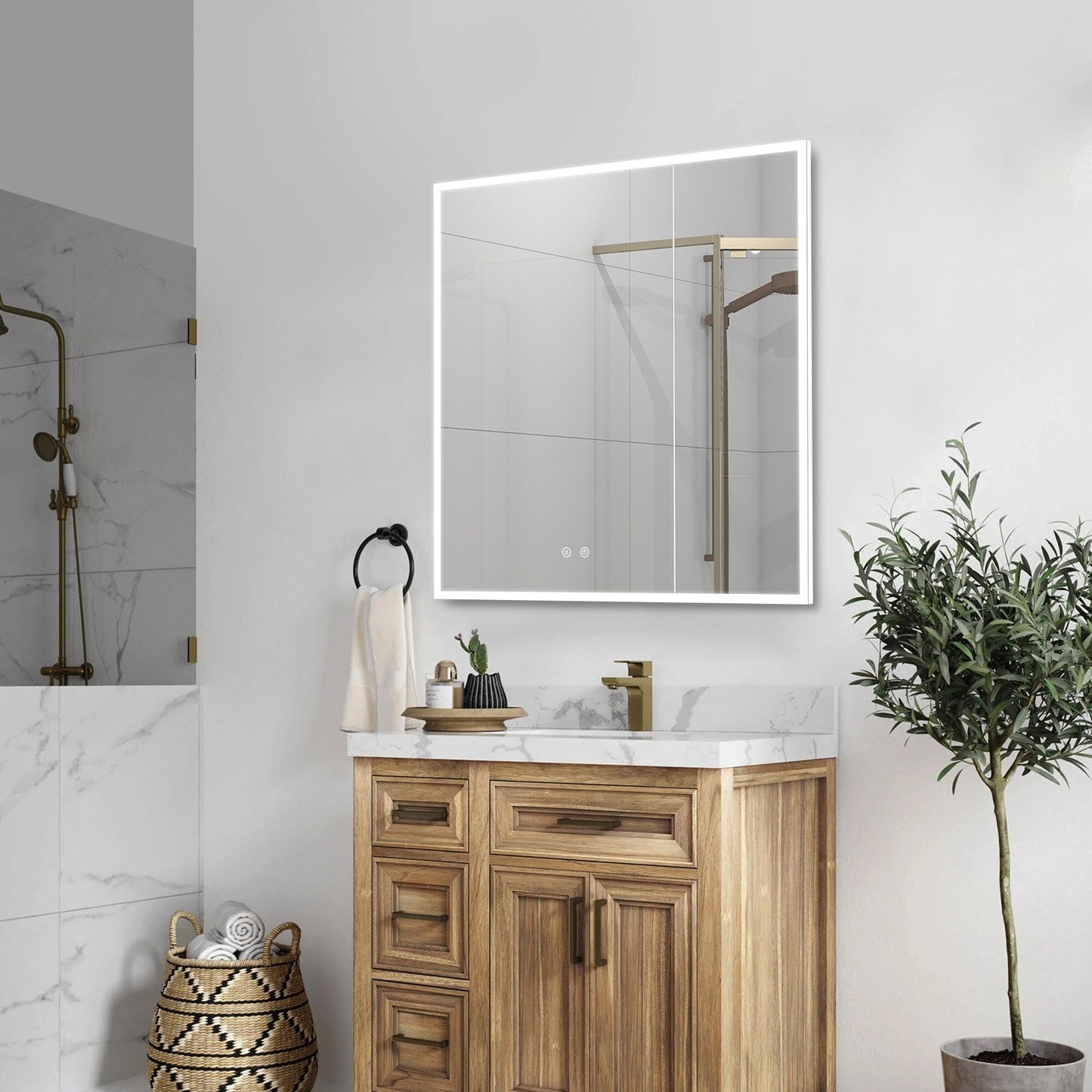 Forclover 30-in x 30-in Lighted LED Fog Free Surface/Recessed Mount Silver Mirrored Soft Close Medicine Cabinet with Outlet