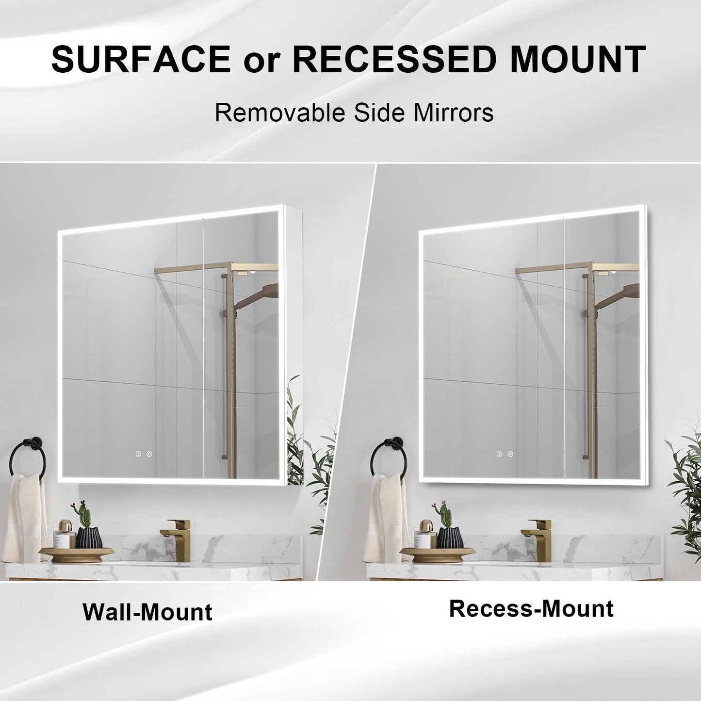 Forclover 30-in x 30-in Lighted LED Fog Free Surface/Recessed Mount Silver Mirrored Soft Close Medicine Cabinet with Outlet