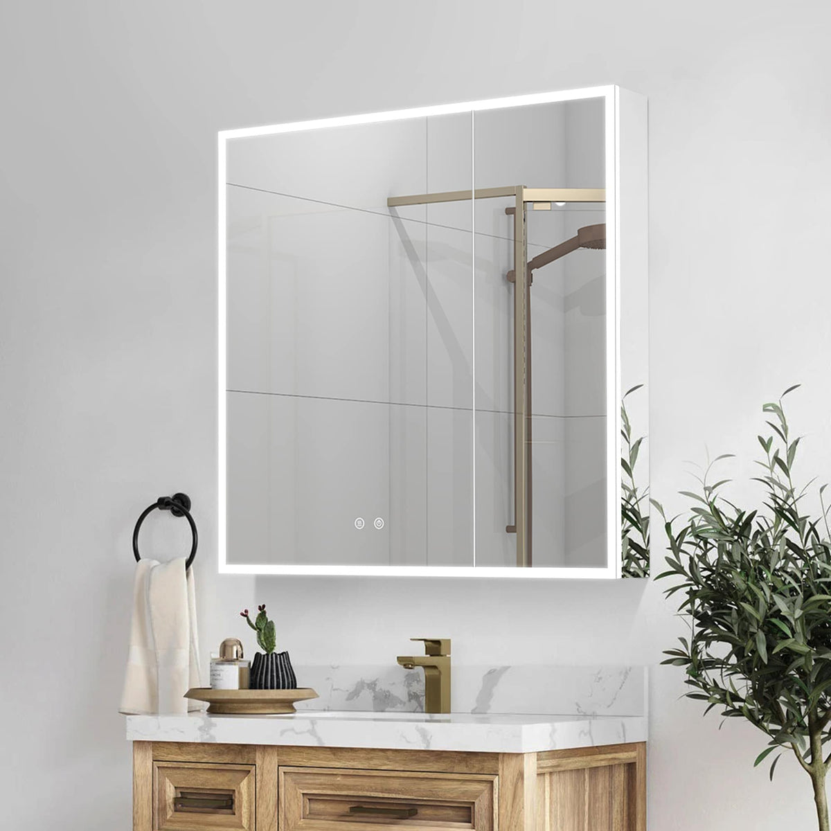 Forclover 30-in x 30-in Lighted LED Fog Free Surface/Recessed Mount Silver Mirrored Soft Close Medicine Cabinet with Outlet