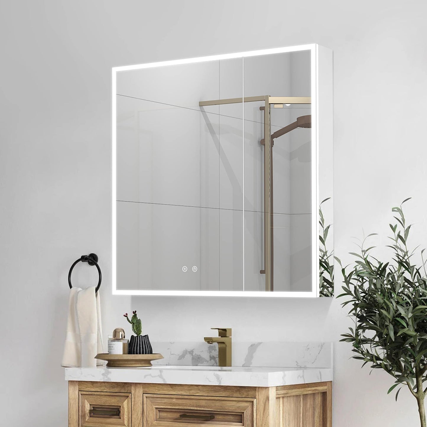 Forclover 30-in x 30-in Lighted LED Fog Free Surface/Recessed Mount Silver Mirrored Soft Close Medicine Cabinet with Outlet