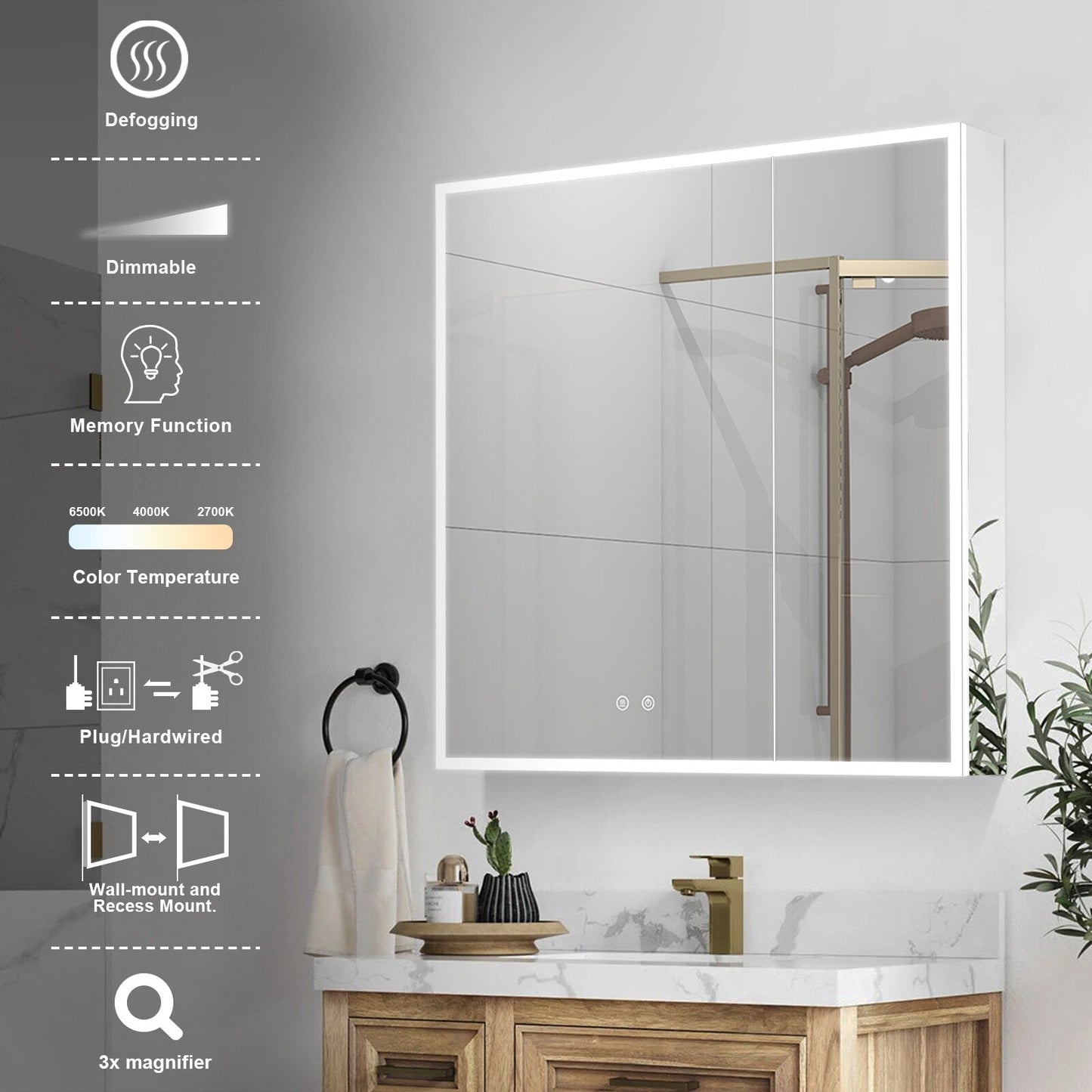 Forclover 30-in x 30-in Lighted LED Fog Free Surface/Recessed Mount Silver Mirrored Soft Close Medicine Cabinet with Outlet