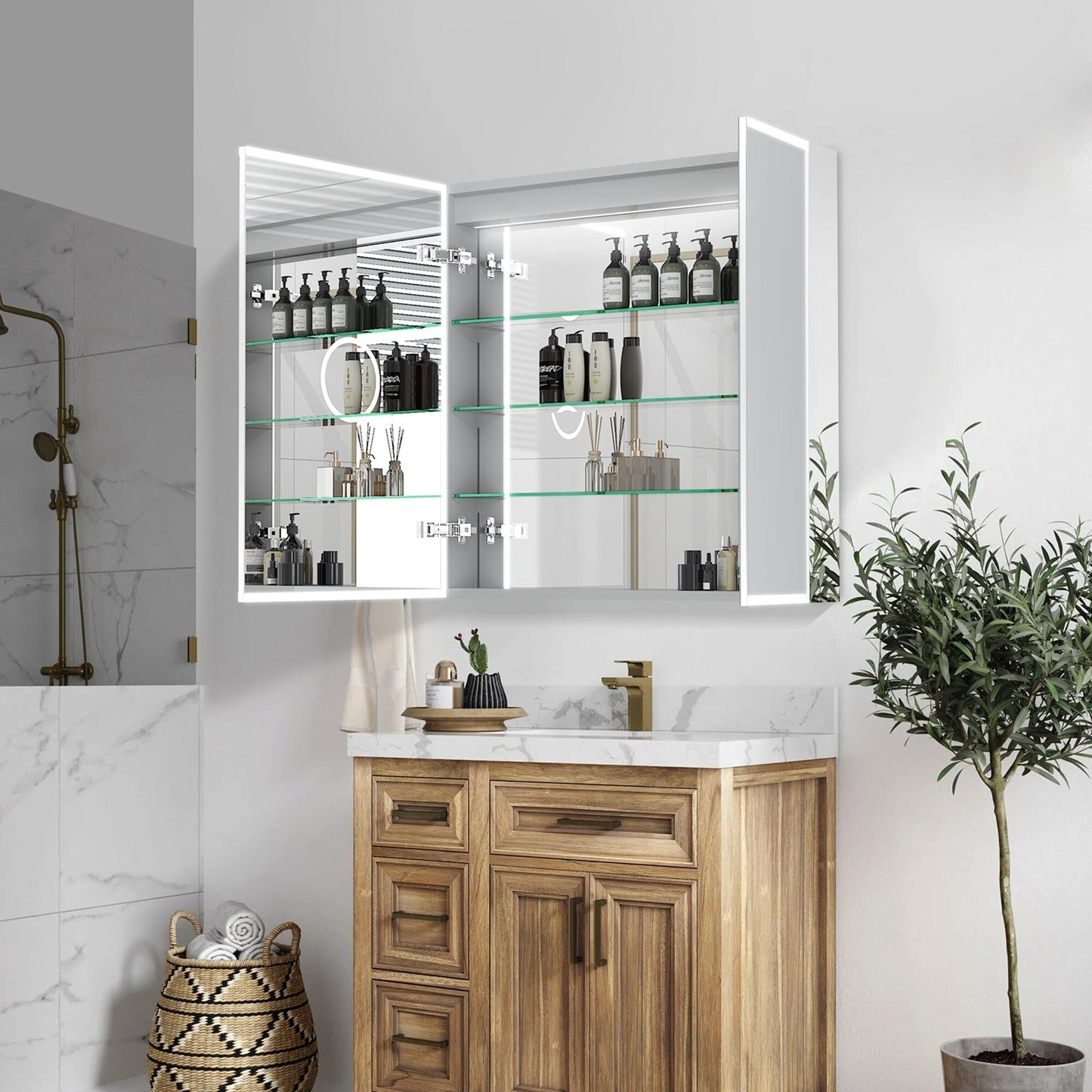 Forclover 30-in x 30-in Lighted LED Fog Free Surface/Recessed Mount Silver Mirrored Soft Close Medicine Cabinet with Outlet