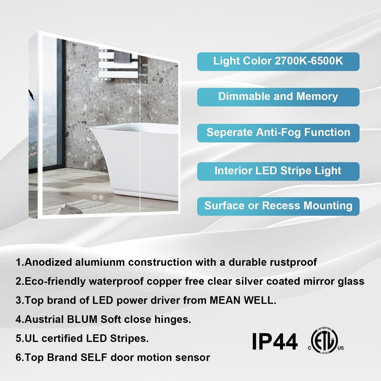 Forclover 30-in x 30-in Lighted LED Fog Free Surface/Recessed Mount Silver Mirrored Soft Close Medicine Cabinet with Outlet