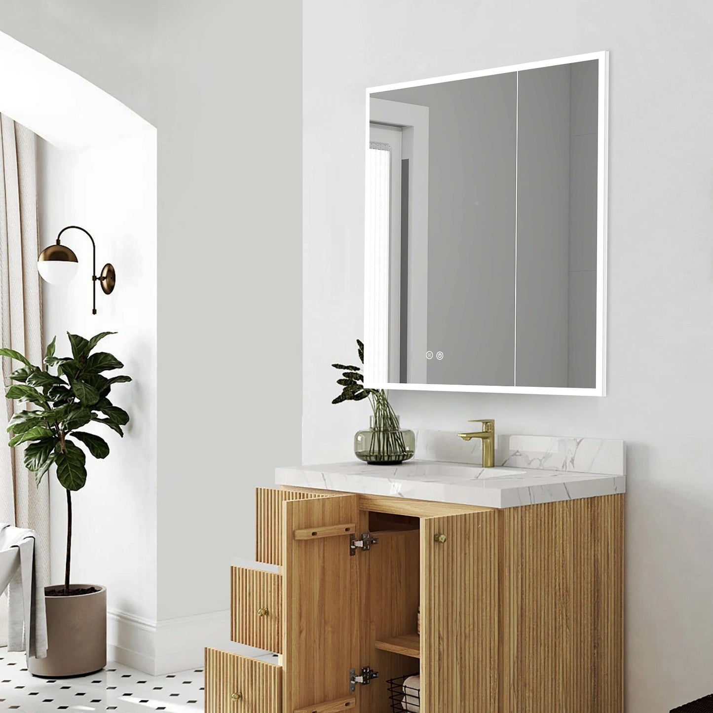 Forclover 36-in x 30-in Lighted LED Fog Free Surface/Recessed Mount Silver Mirrored Soft Close Medicine Cabinet with Outlet