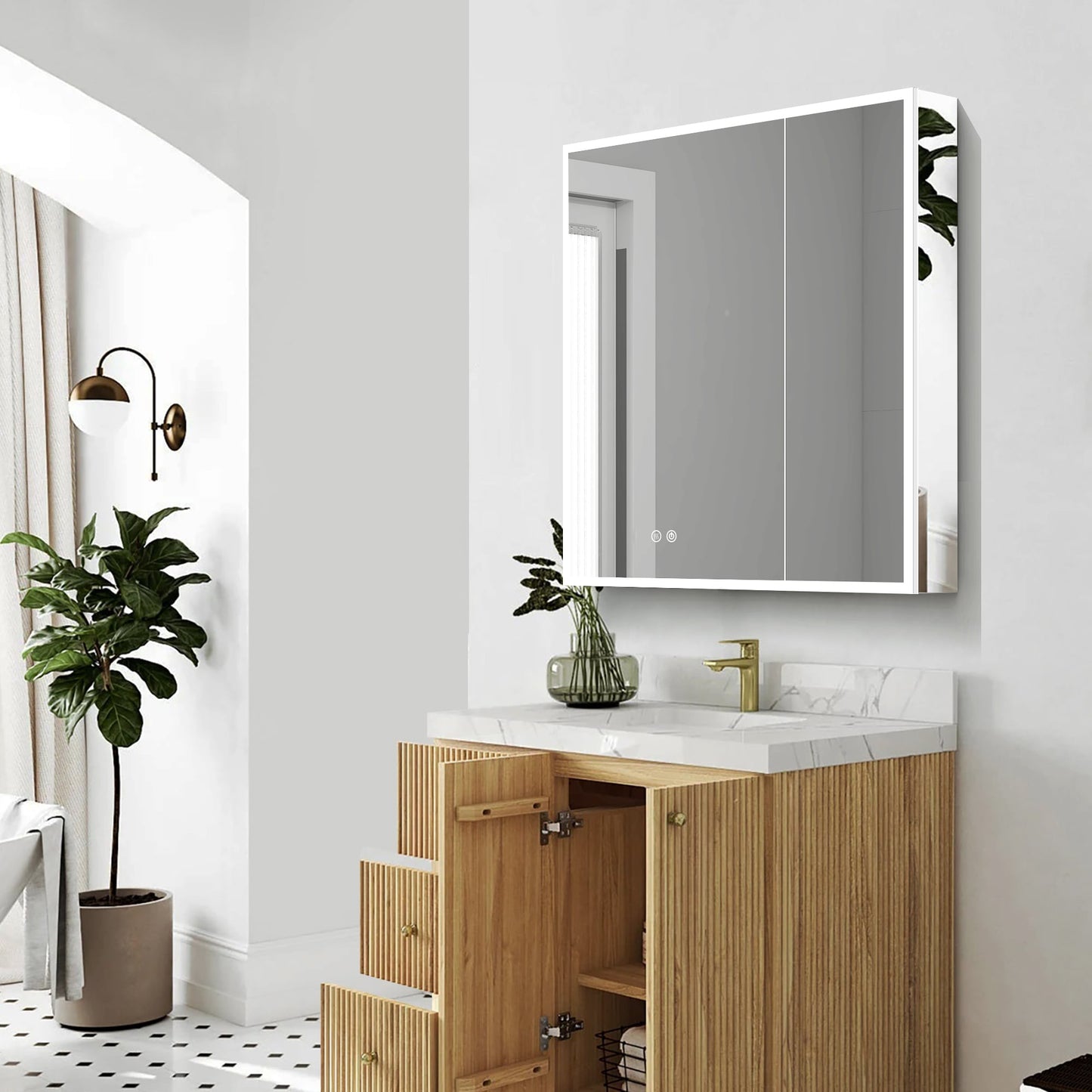 Forclover 36-in x 30-in Lighted LED Fog Free Surface/Recessed Mount Silver Mirrored Soft Close Medicine Cabinet with Outlet