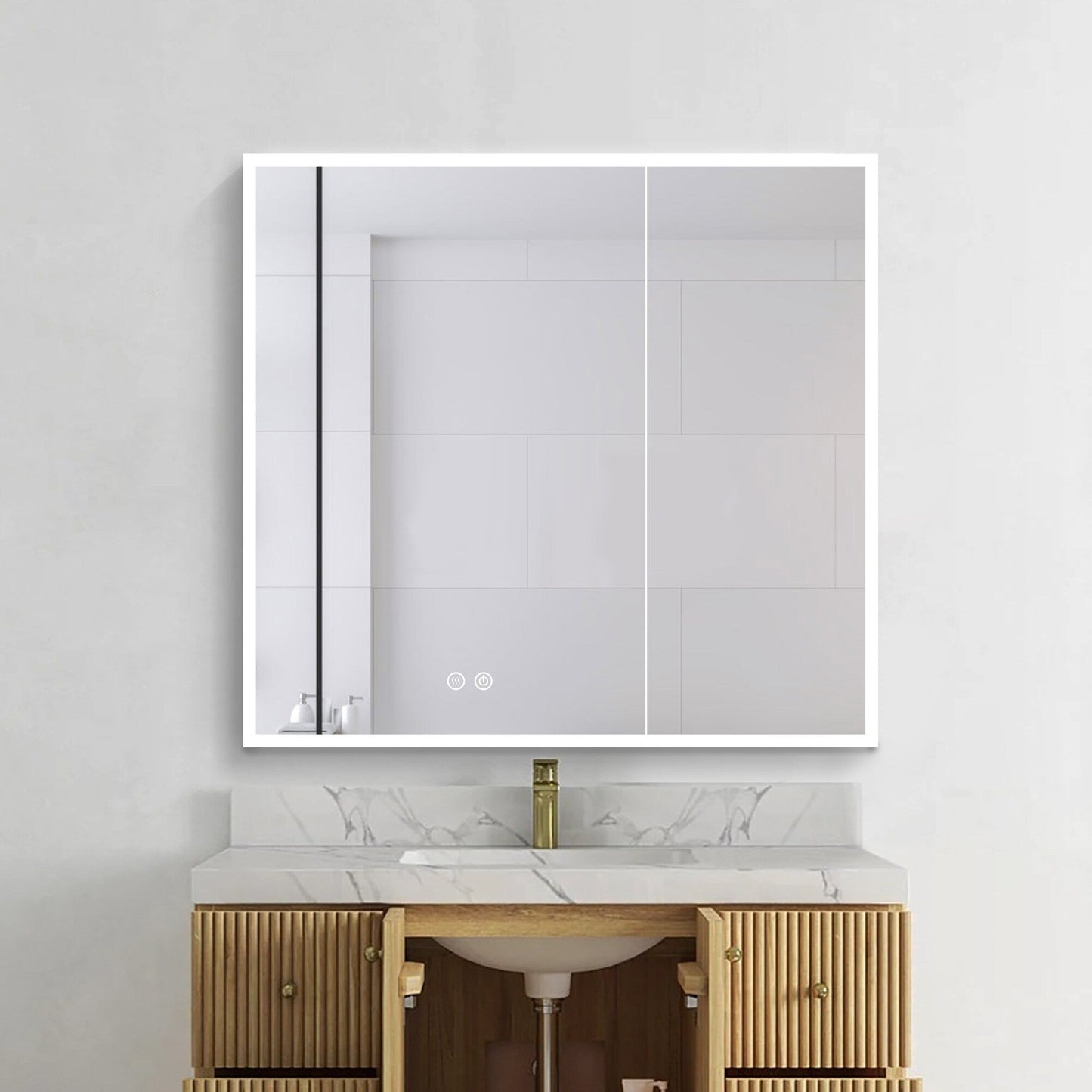 Forclover 36-in x 30-in Lighted LED Fog Free Surface/Recessed Mount Silver Mirrored Soft Close Medicine Cabinet with Outlet