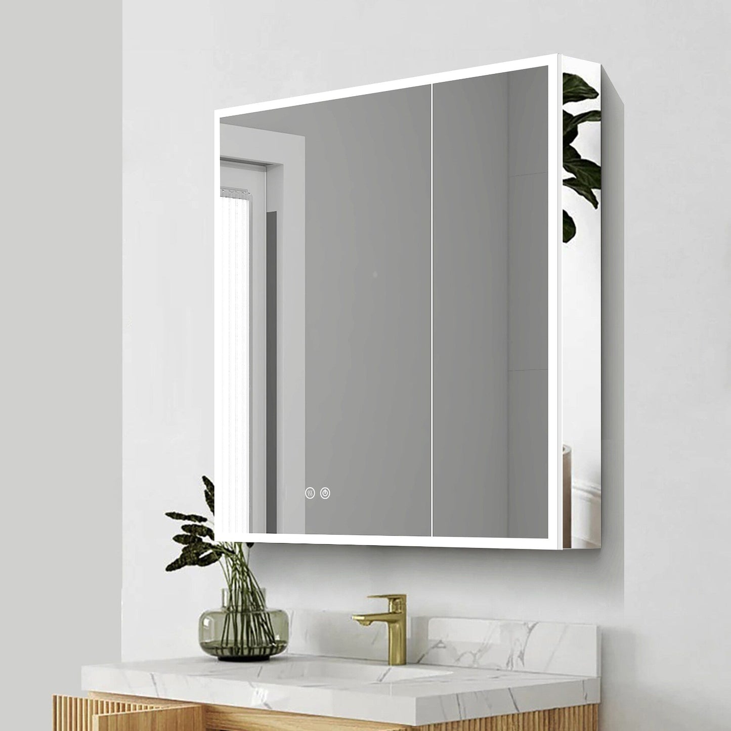 Forclover 36-in x 30-in Lighted LED Fog Free Surface/Recessed Mount Silver Mirrored Soft Close Medicine Cabinet with Outlet