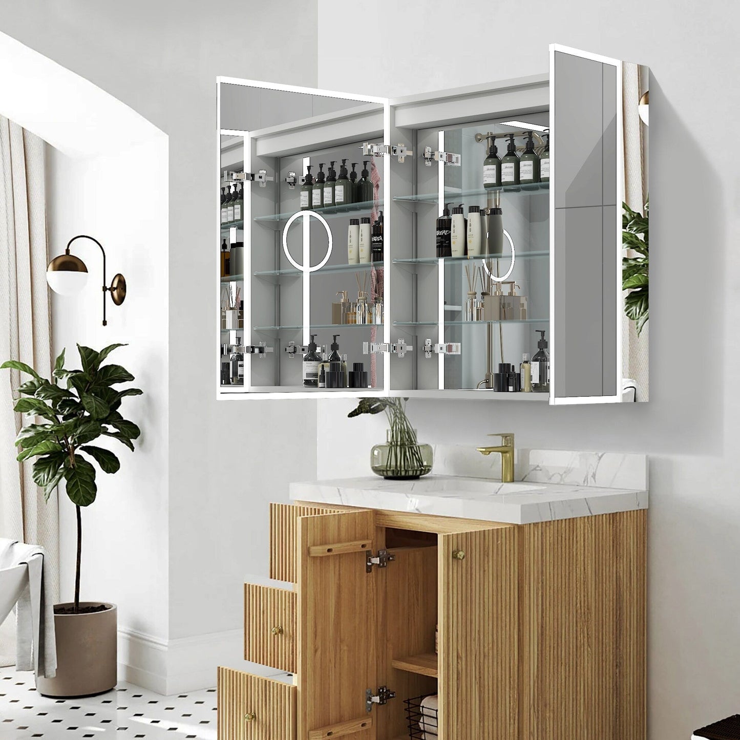 Forclover 36-in x 30-in Lighted LED Fog Free Surface/Recessed Mount Silver Mirrored Soft Close Medicine Cabinet with Outlet