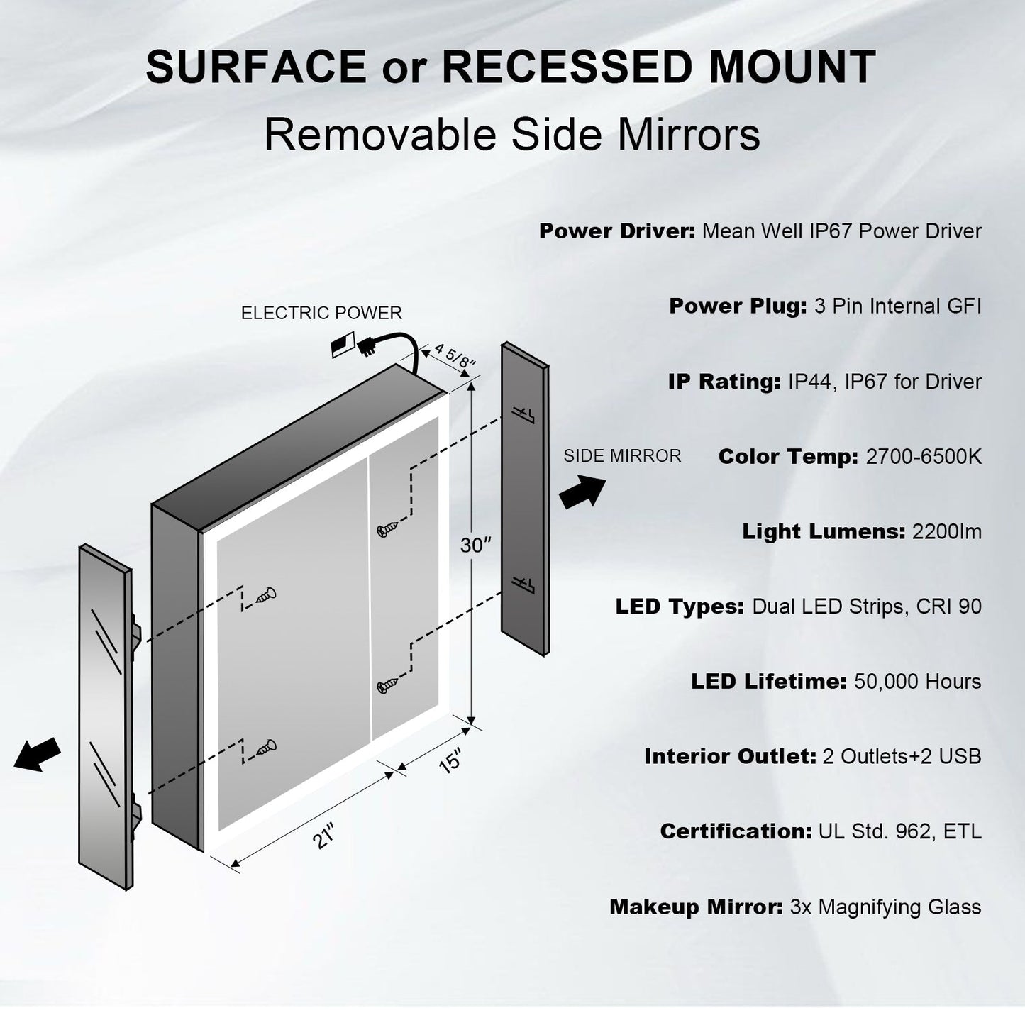 Forclover 36-in x 30-in Lighted LED Fog Free Surface/Recessed Mount Silver Mirrored Soft Close Medicine Cabinet with Outlet