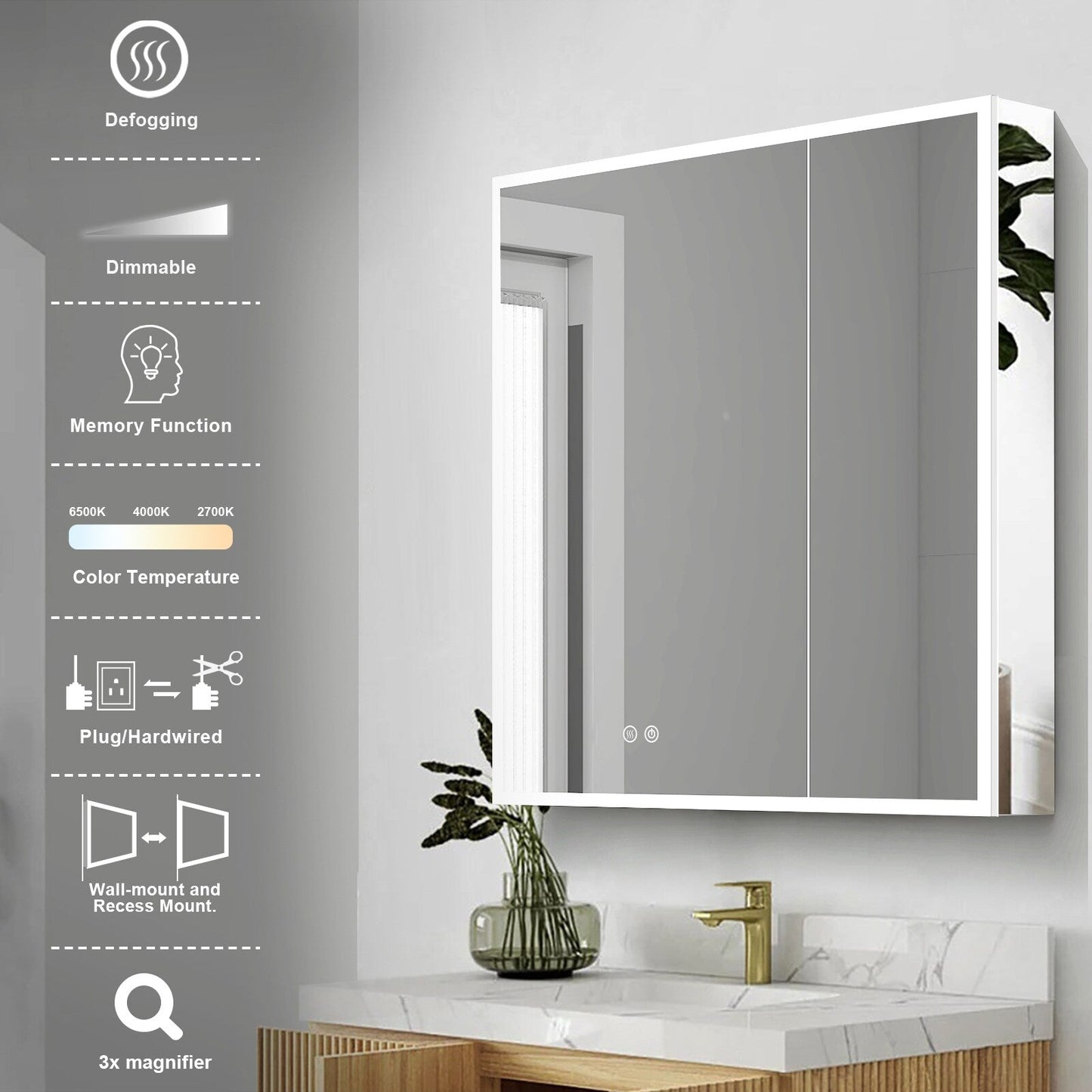 Forclover 36-in x 30-in Lighted LED Fog Free Surface/Recessed Mount Silver Mirrored Soft Close Medicine Cabinet with Outlet