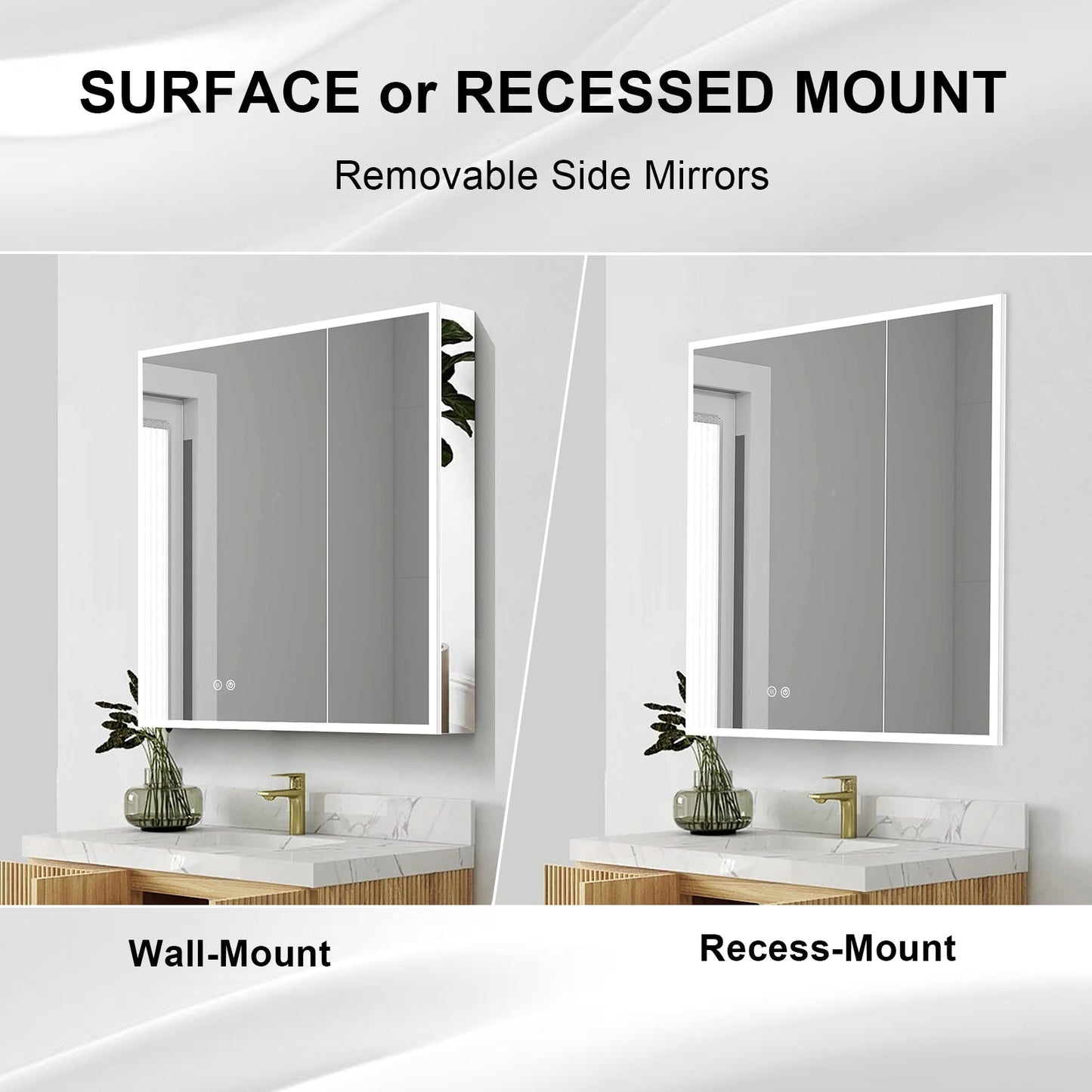 Forclover 36-in x 30-in Lighted LED Fog Free Surface/Recessed Mount Silver Mirrored Soft Close Medicine Cabinet with Outlet