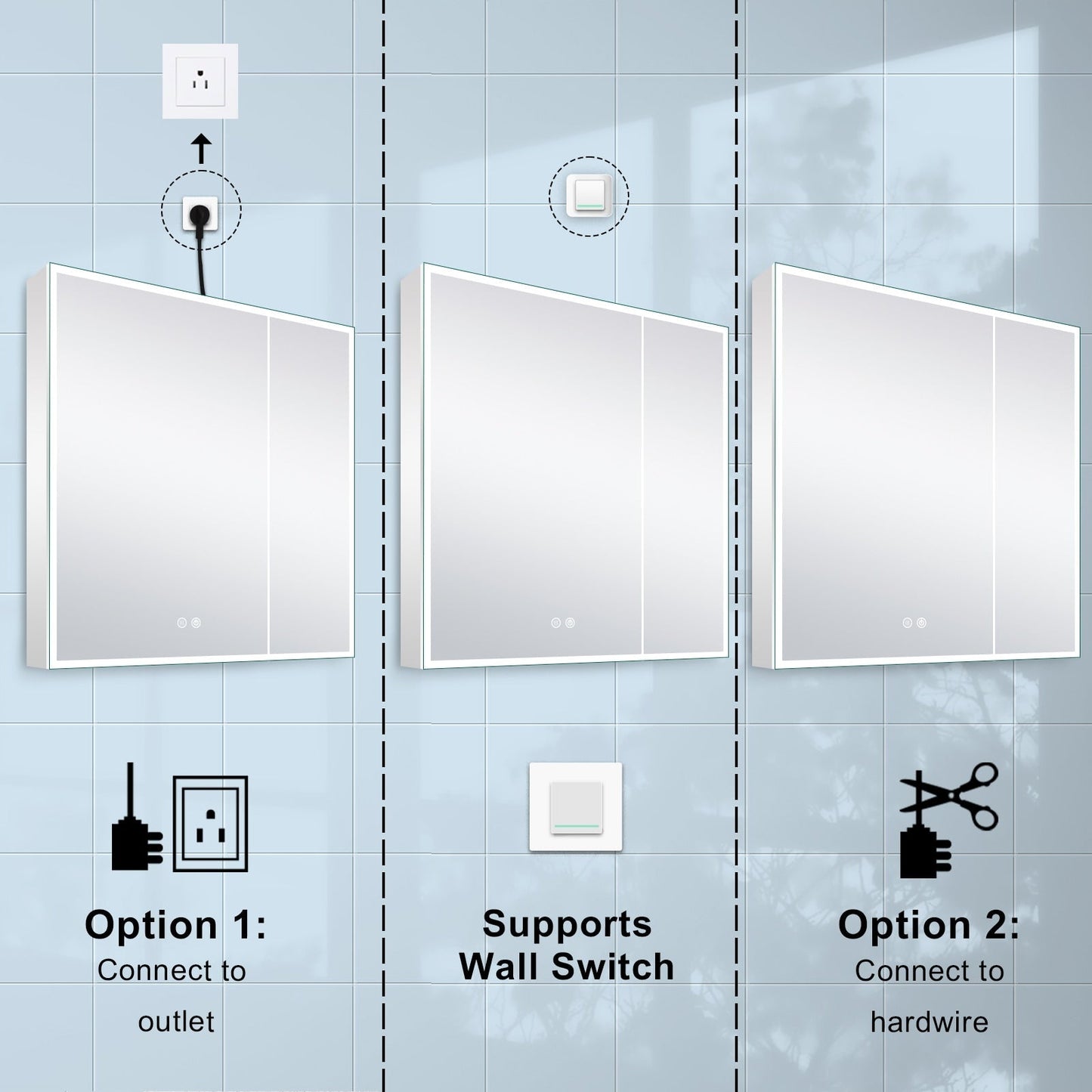 Forclover 36-in x 30-in Lighted LED Fog Free Surface/Recessed Mount Silver Mirrored Soft Close Medicine Cabinet with Outlet