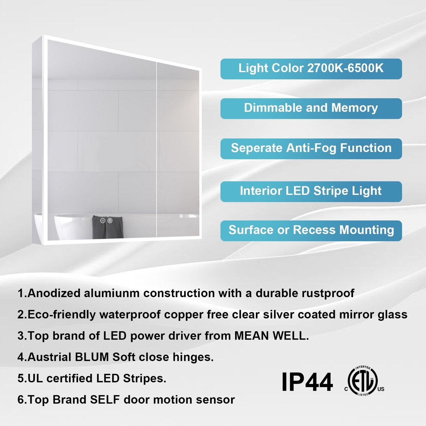 Forclover 36-in x 30-in Lighted LED Fog Free Surface/Recessed Mount Silver Mirrored Soft Close Medicine Cabinet with Outlet