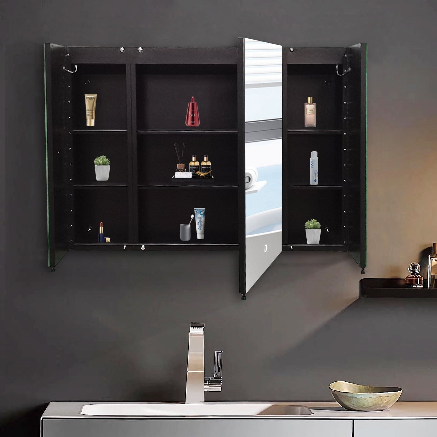 Forclover MA 36-in x 26-in Lighted LED Fog Free Surface Mount Black Mirrored Soft Close Medicine Cabinet
