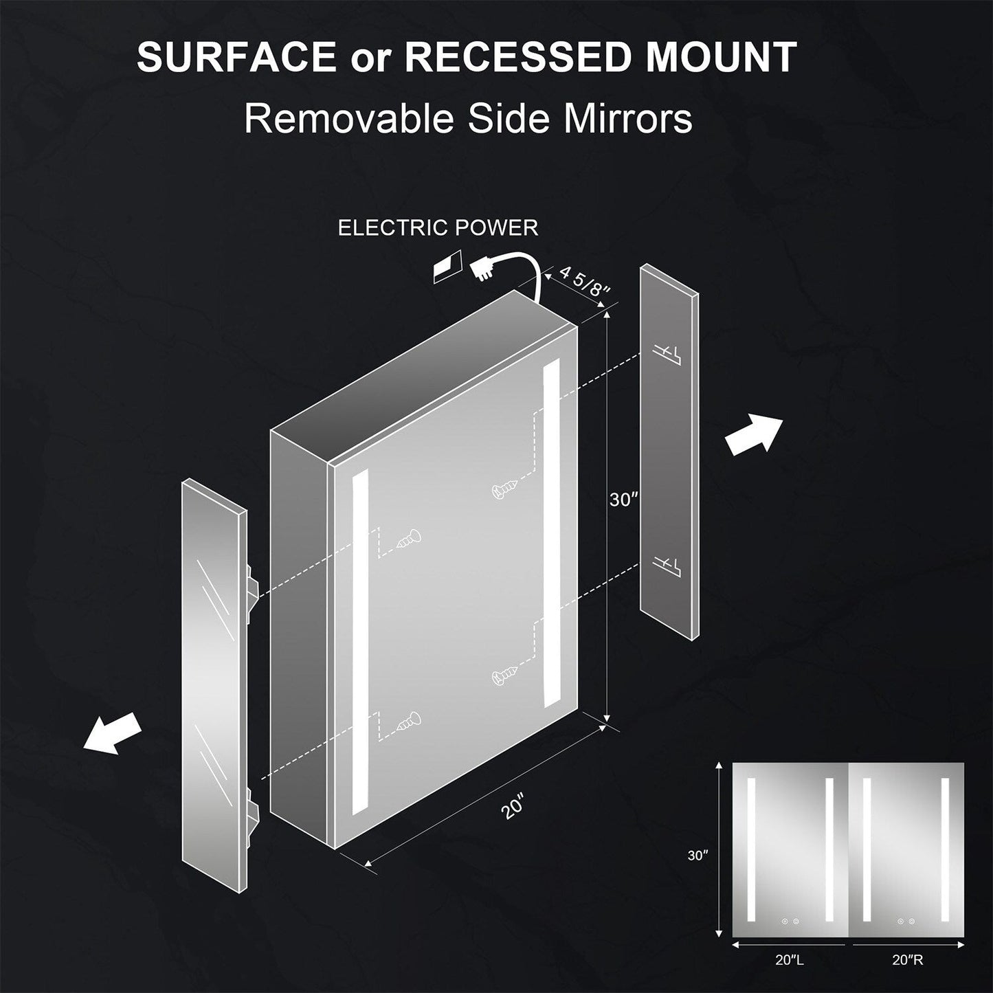 Forclover 20-in x 30-in Lighted LED Fog Free Surface/Recessed Mount Silver Mirrored Soft Close Medicine Cabinet with Outlet