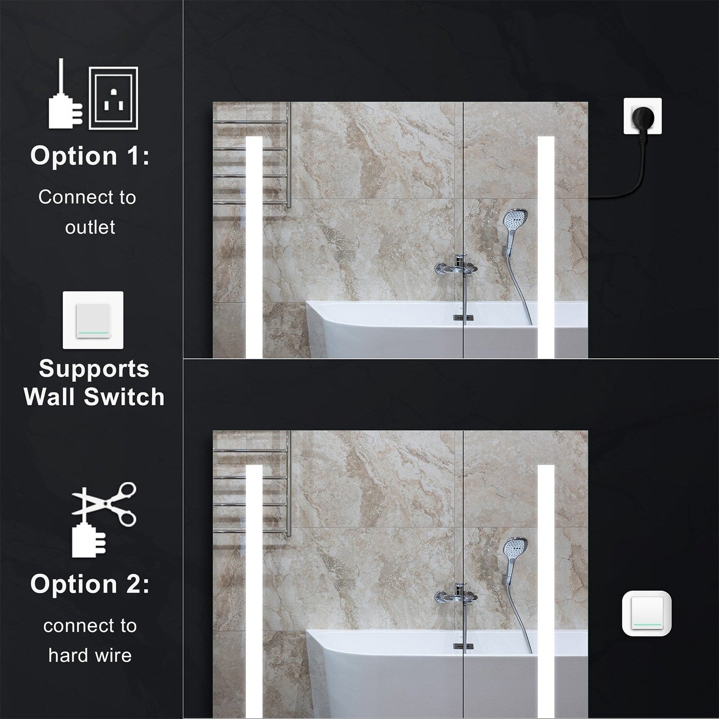 Forclover 30-in x 30-in Lighted LED Fog Free Surface/Recessed Mount Silver Mirrored Soft Close Medicine Cabinet with Outlet