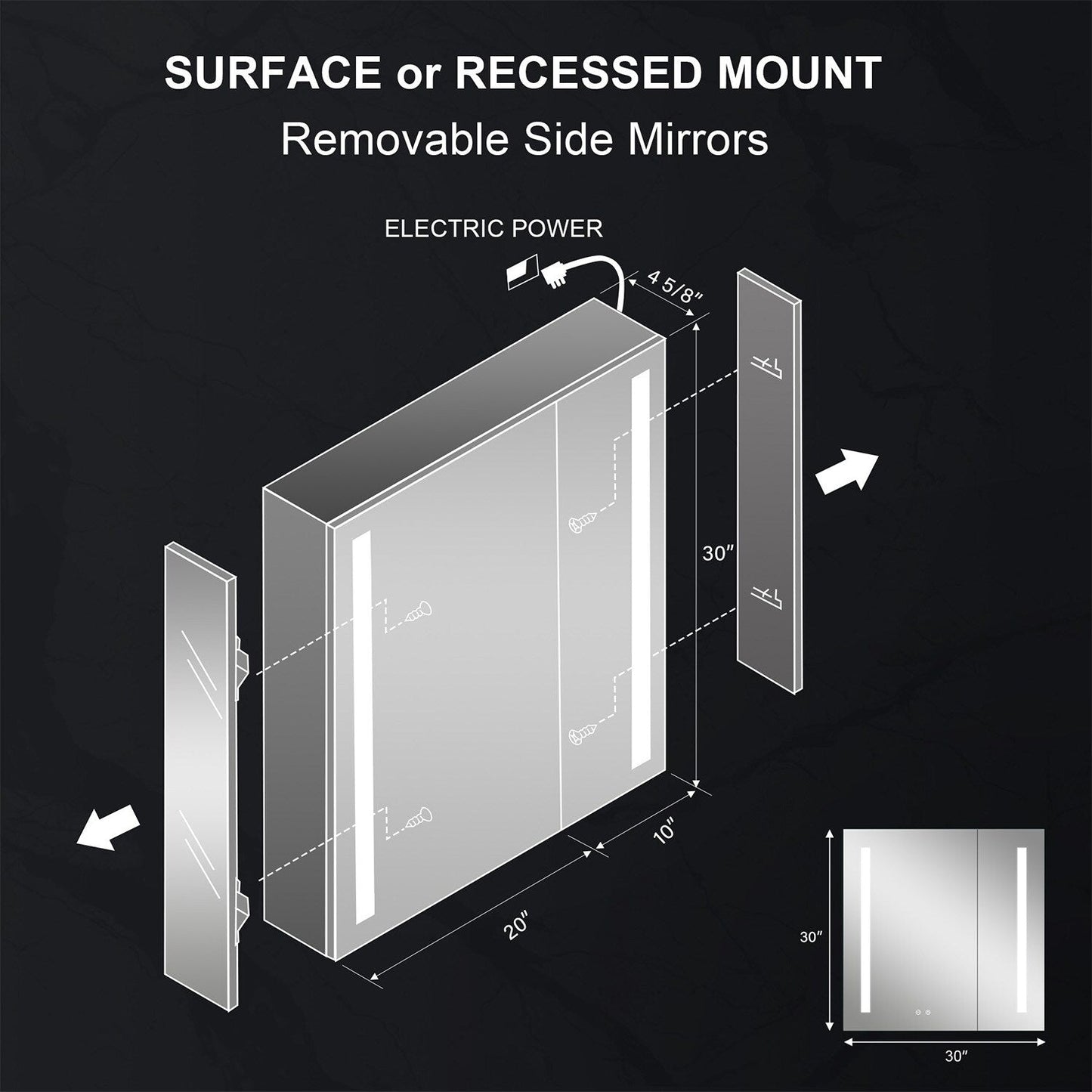 Forclover 30-in x 30-in Lighted LED Fog Free Surface/Recessed Mount Silver Mirrored Soft Close Medicine Cabinet with Outlet