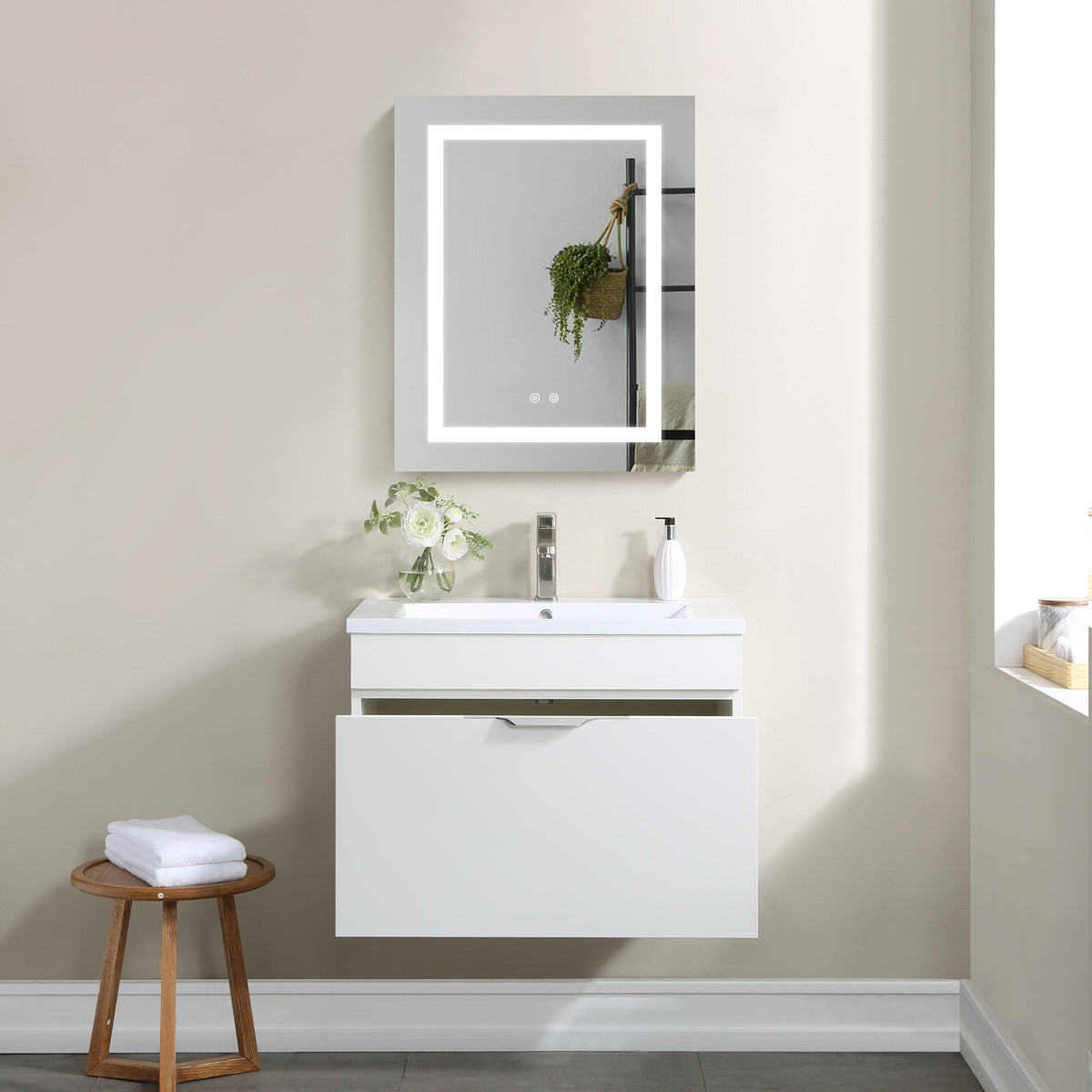 Forclover 24-in x 30-in Lighted LED Fog Free Surface/Recessed Mount Silver Mirrored Soft Close Medicine Cabinet with Outlet
