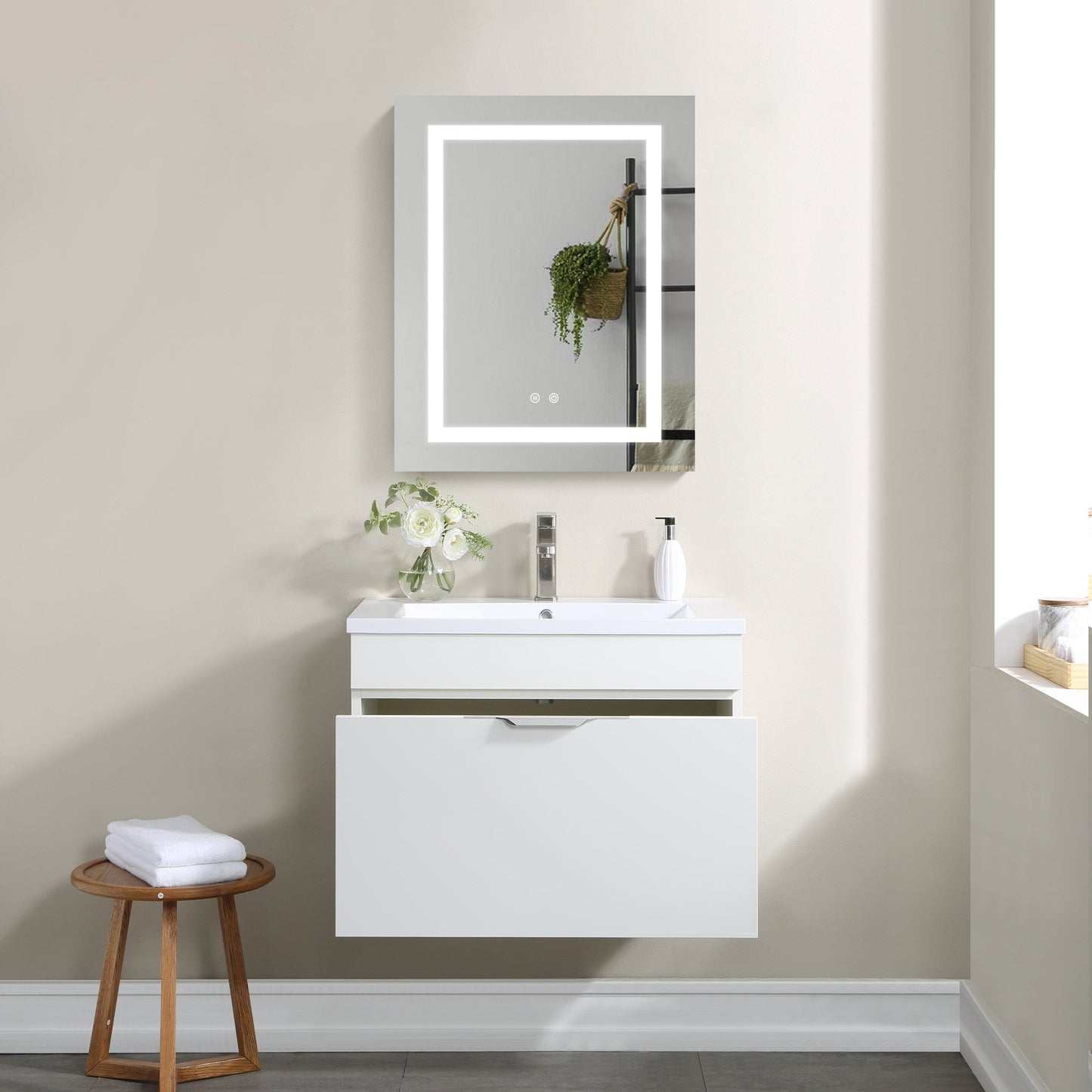 Forclover 24-in x 30-in Lighted LED Fog Free Surface/Recessed Mount Silver Mirrored Soft Close Medicine Cabinet with Outlet