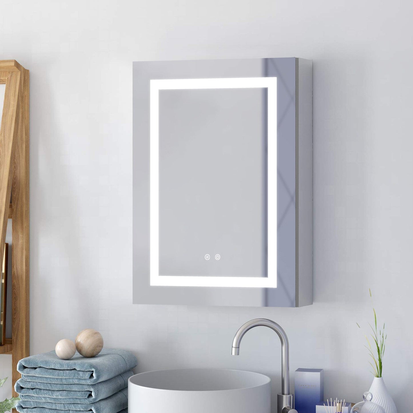 Forclover 24-in x 30-in Lighted LED Fog Free Surface/Recessed Mount Silver Mirrored Soft Close Medicine Cabinet with Outlet