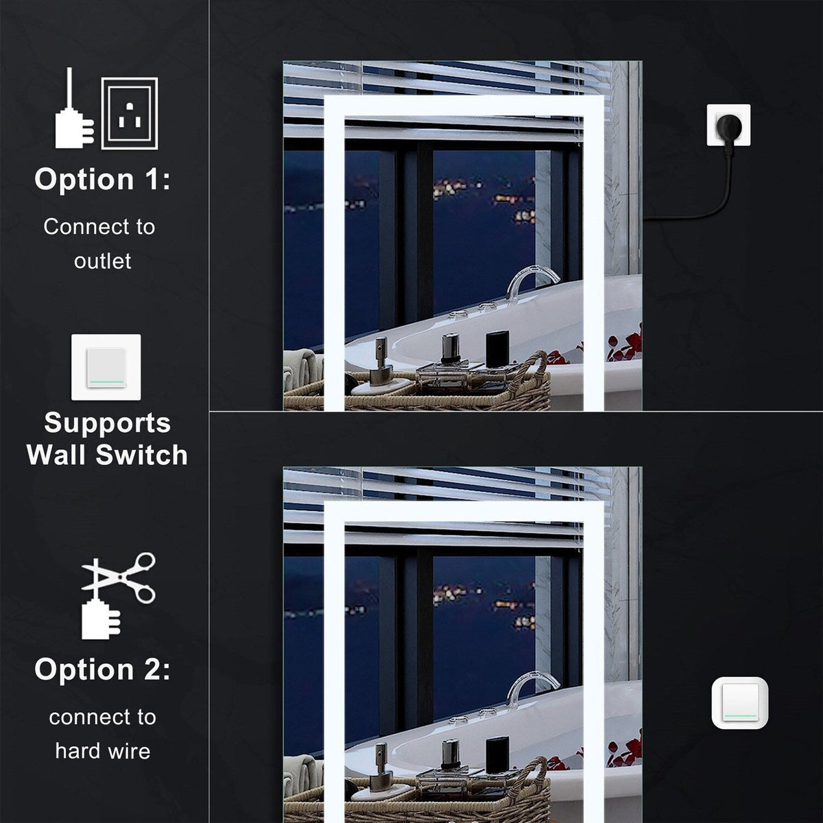 Forclover 24-in x 30-in Lighted LED Fog Free Surface/Recessed Mount Silver Mirrored Soft Close Medicine Cabinet with Outlet