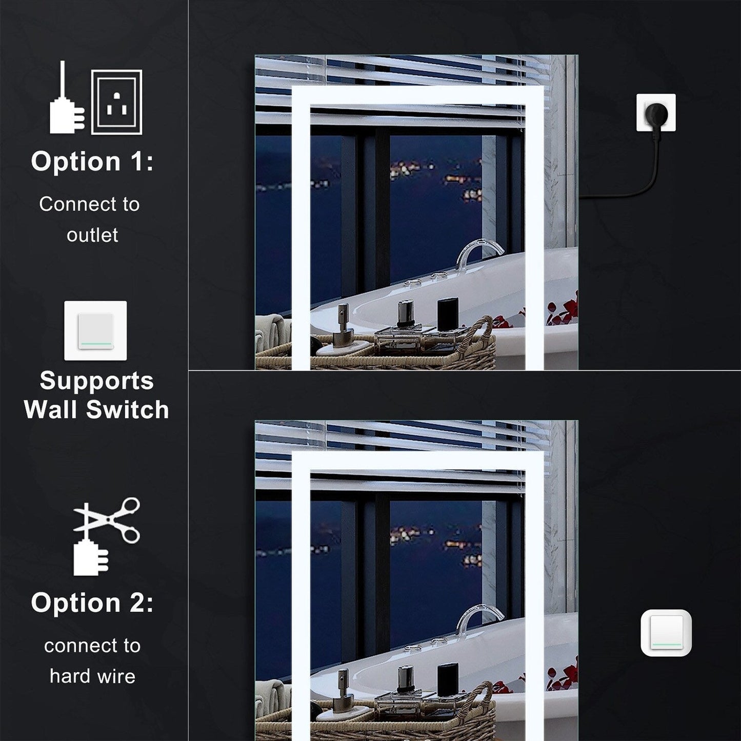 Forclover 24-in x 30-in Lighted LED Fog Free Surface/Recessed Mount Silver Mirrored Soft Close Medicine Cabinet with Outlet