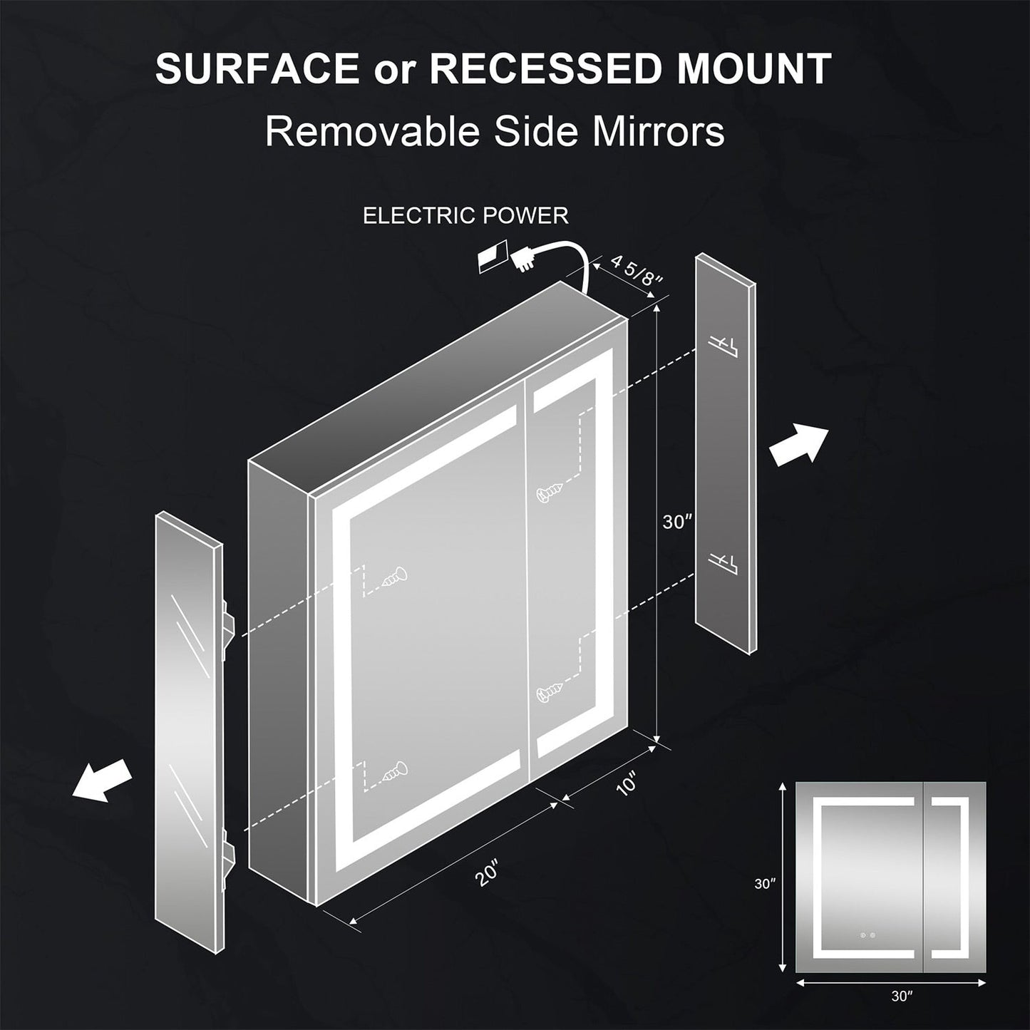 Forclover 36-in x 30-in Lighted LED Fog Free Surface/Recessed Mount Silver Mirrored Soft Close Medicine Cabinet with Outlet