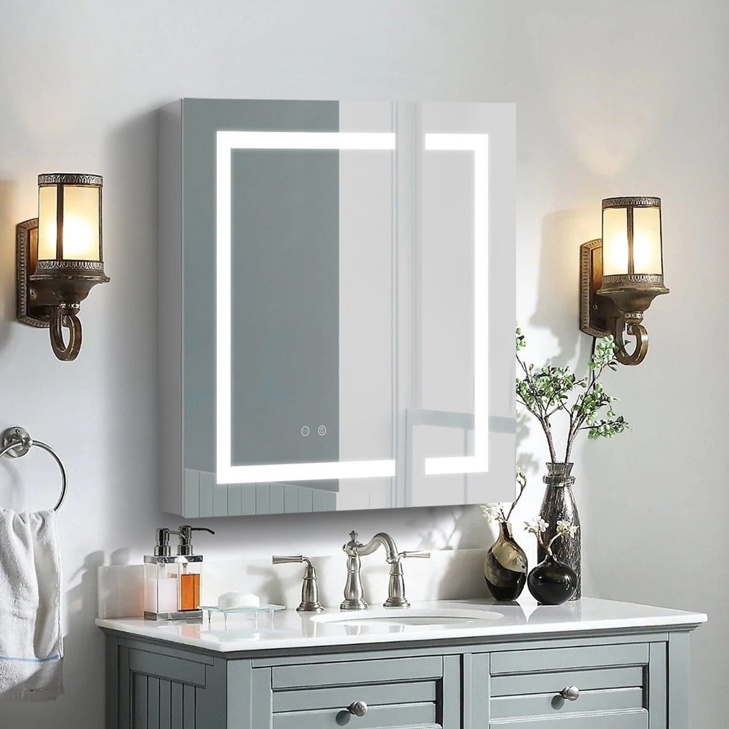 Forclover 36-in x 30-in Lighted LED Fog Free Surface/Recessed Mount Silver Mirrored Soft Close Medicine Cabinet with Outlet