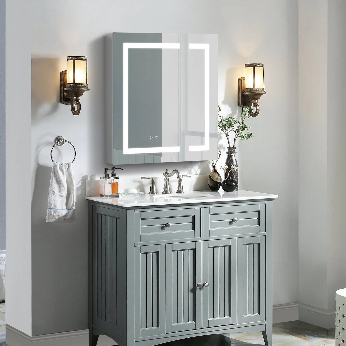 Forclover 36-in x 30-in Lighted LED Fog Free Surface/Recessed Mount Silver Mirrored Soft Close Medicine Cabinet with Outlet