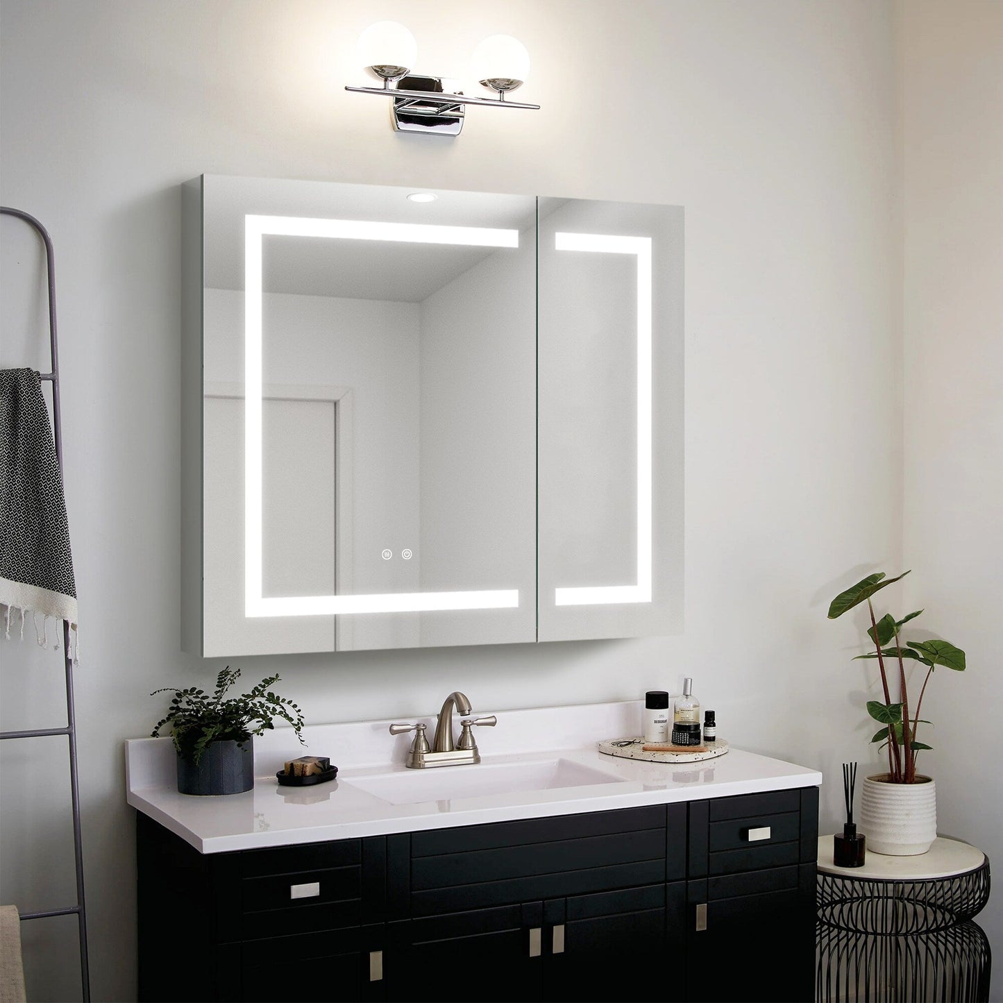 Forclover 36-in x 30-in Lighted LED Fog Free Surface/Recessed Mount Silver Mirrored Soft Close Medicine Cabinet with Outlet