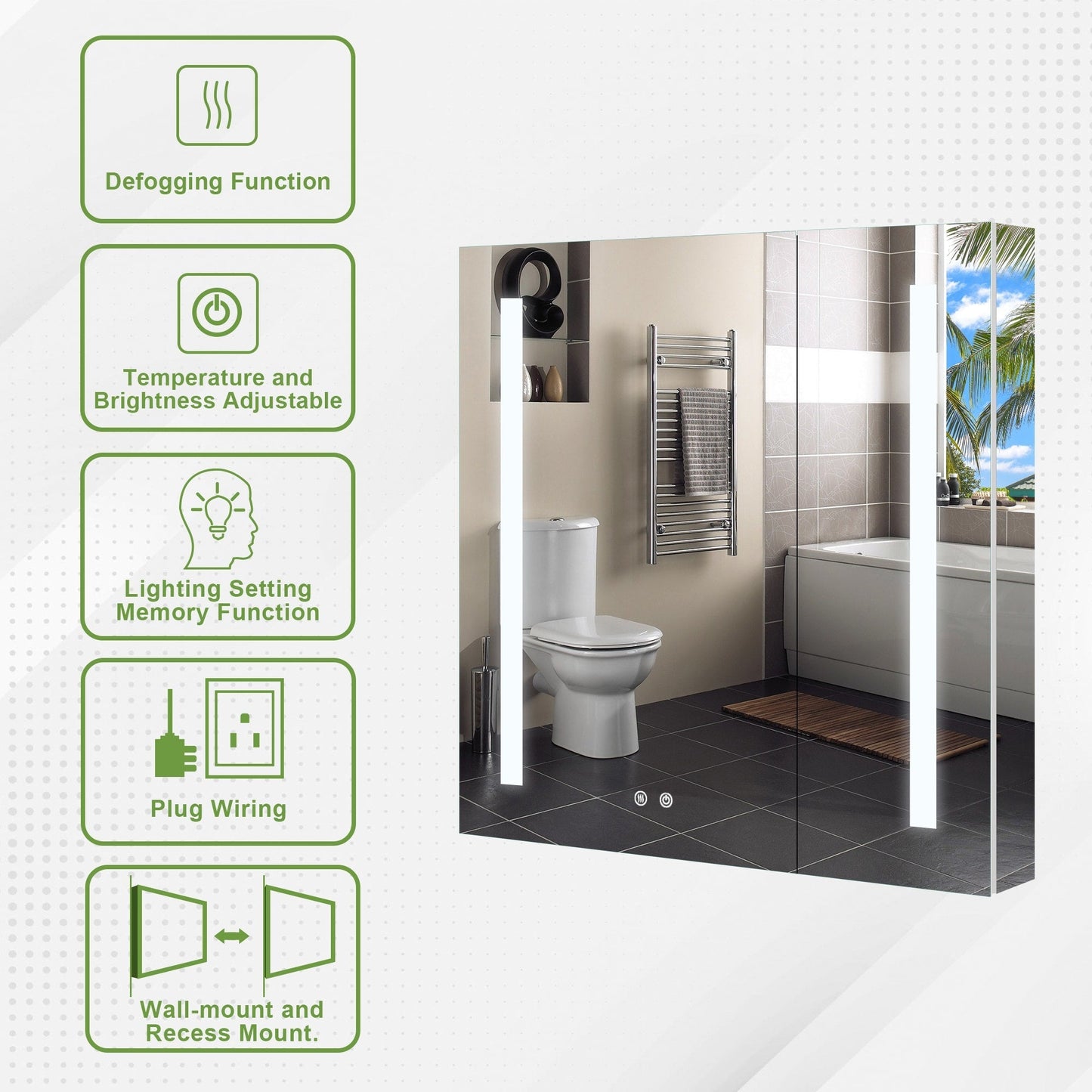 Forclover 30-in x 30-in Lighted LED Fog Free Surface/Recessed Mount Silver Mirrored Soft Close Medicine Cabinet with Outlet