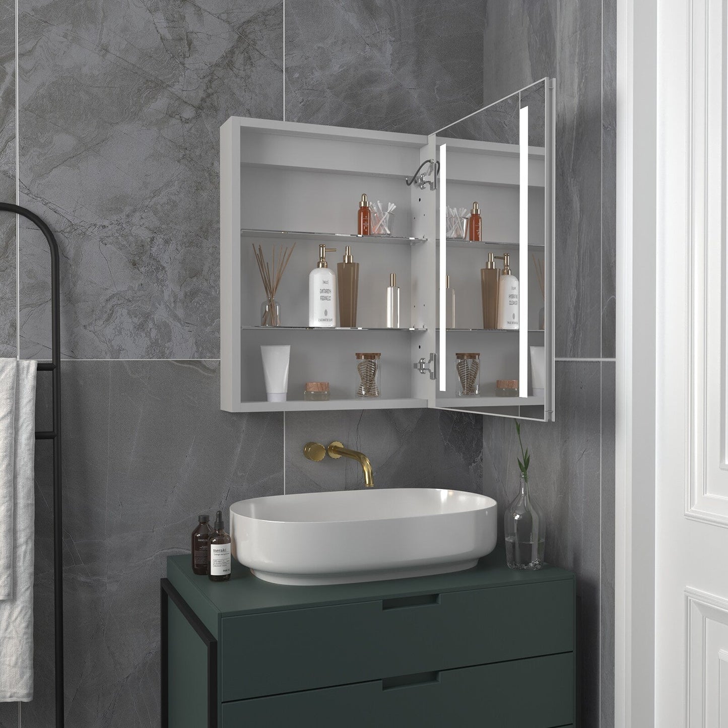Forclover 20-in x 26-in Lighted LED Fog Free Surface/Recessed Mount Silver Mirrored Medicine Cabinet with Outlet