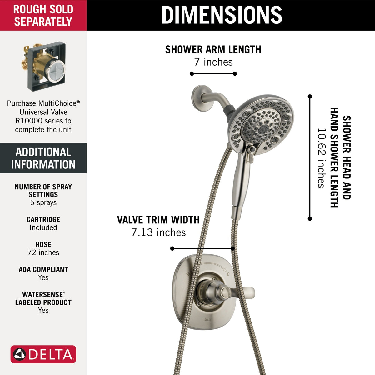 Delta Nura Stainless 1-Handle In2ition Shower Faucet with Valve, 6.5-in Round Head