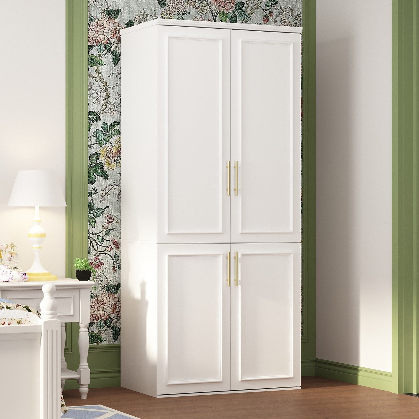 FUFU&GAGA 4-Door White Wardrobe Closet with Metal Rods and Storage Shelves - Contemporary Style Wardrobe Cabinet for Organized Clothing Storage