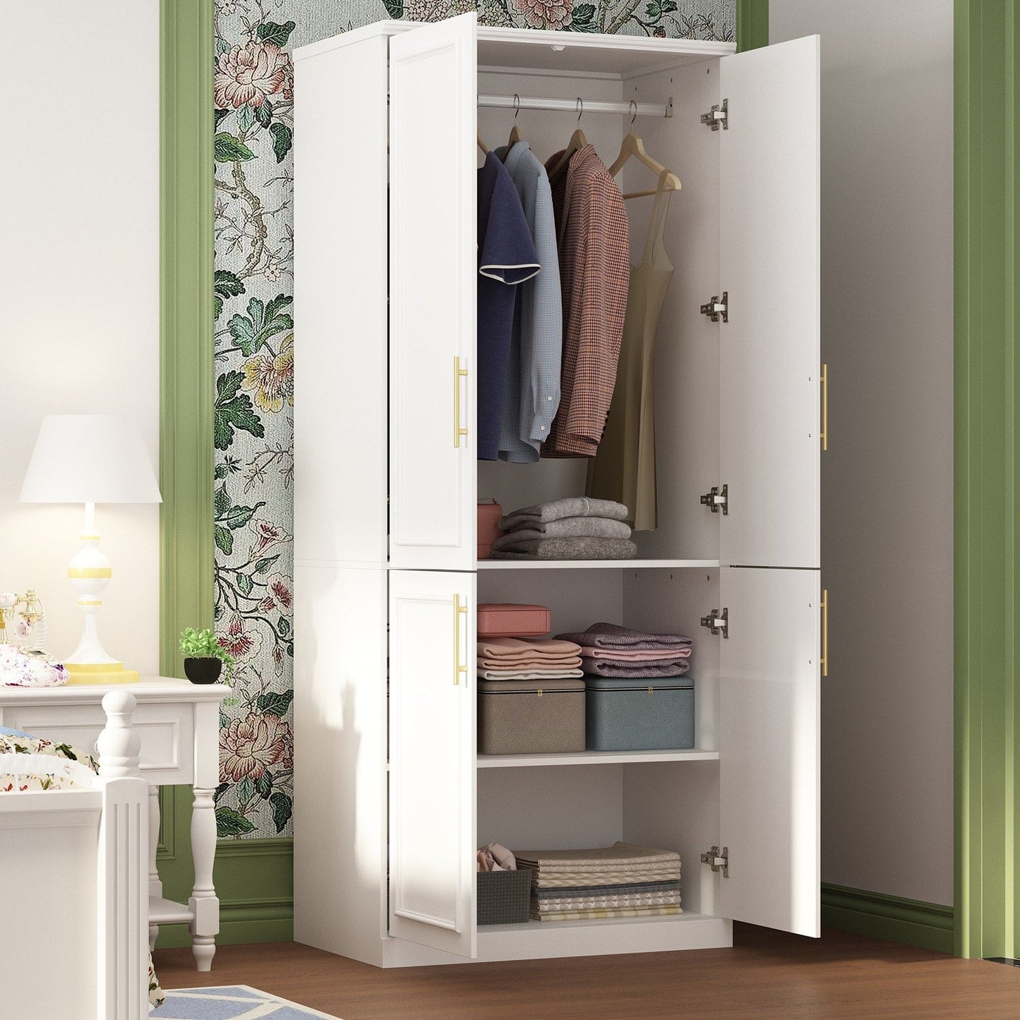 FUFU&GAGA 4-Door White Wardrobe Closet with Metal Rods and Storage Shelves - Contemporary Style Wardrobe Cabinet for Organized Clothing Storage