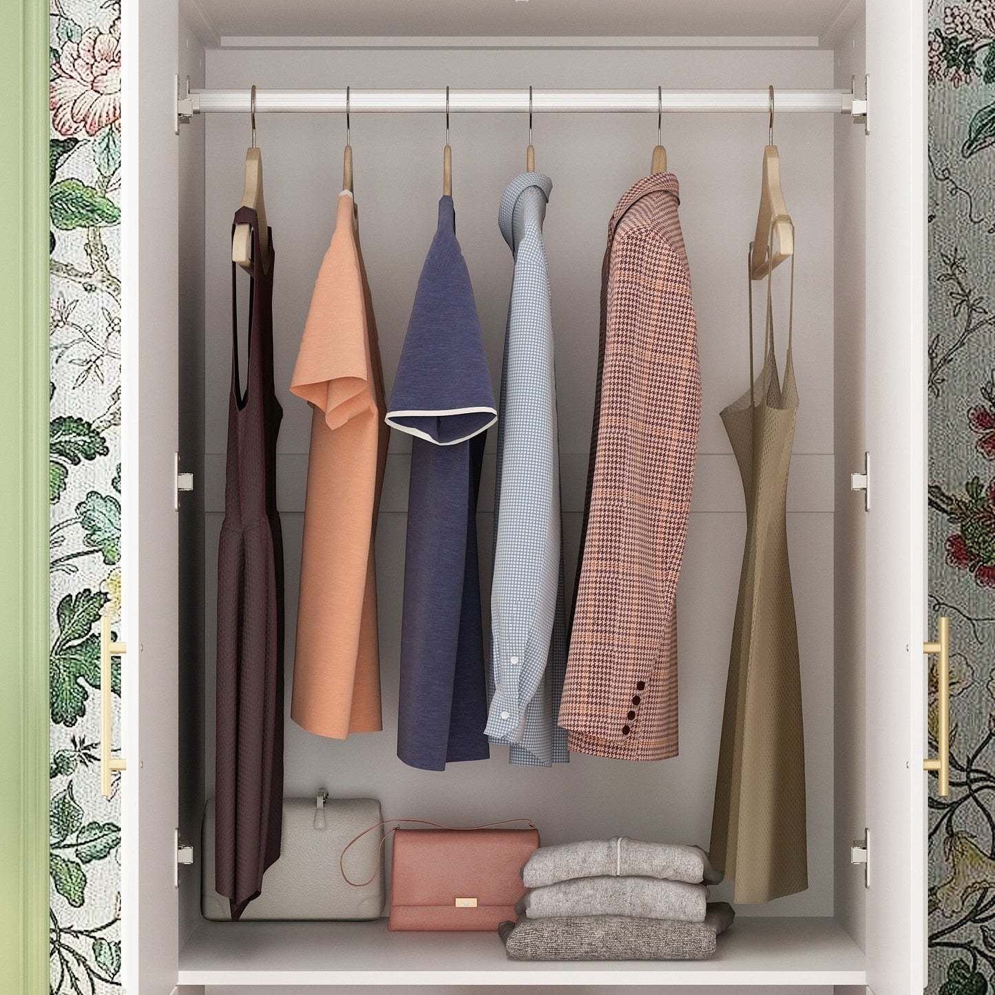 FUFU&GAGA 4-Door White Wardrobe Closet with Metal Rods and Storage Shelves - Contemporary Style Wardrobe Cabinet for Organized Clothing Storage