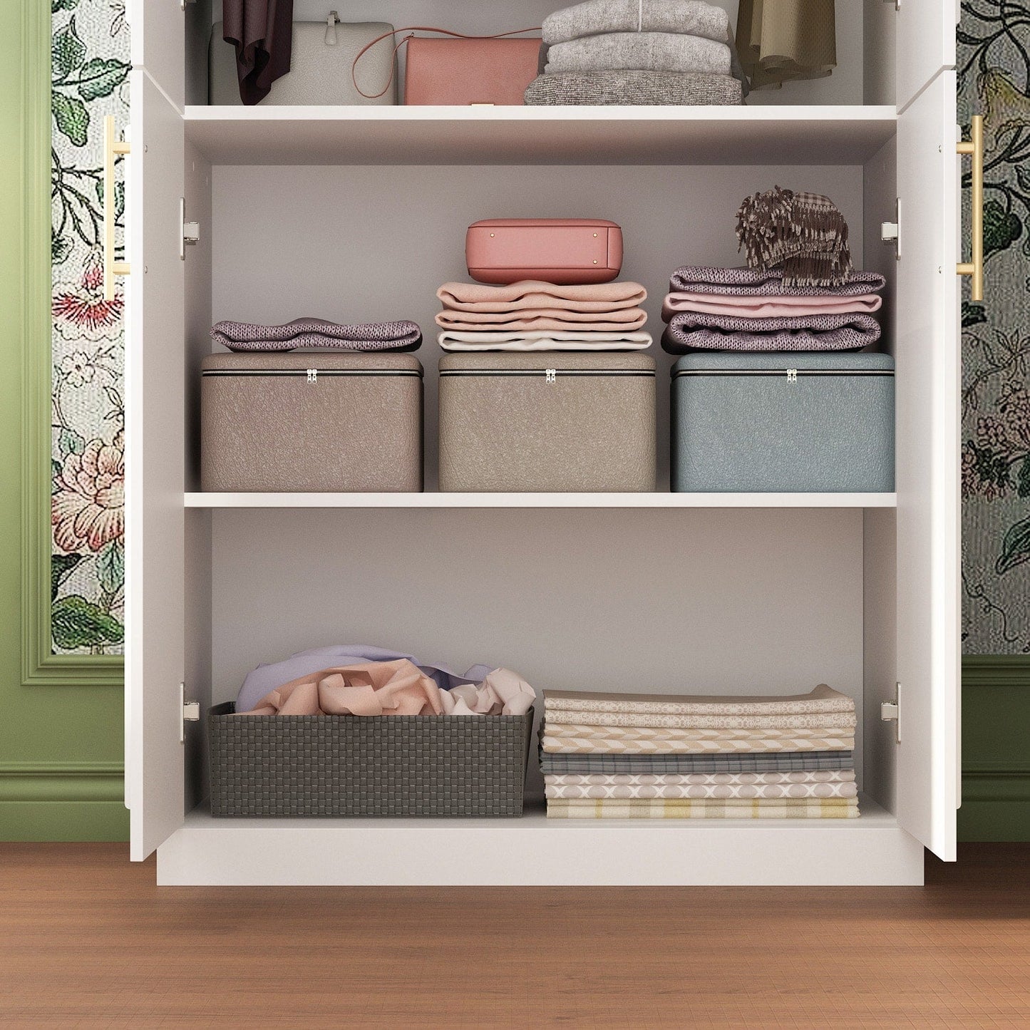 FUFU&GAGA 4-Door White Wardrobe Closet with Metal Rods and Storage Shelves - Contemporary Style Wardrobe Cabinet for Organized Clothing Storage