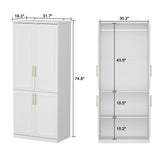 FUFU&GAGA 4-Door White Wardrobe Closet with Metal Rods and Storage Shelves - Contemporary Style Wardrobe Cabinet for Organized Clothing Storage