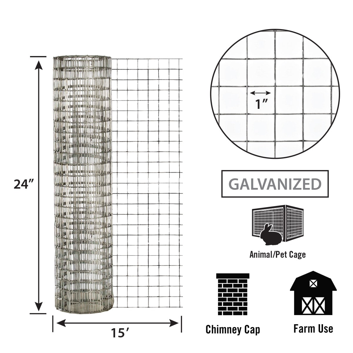 IRONRIDGE 15' x 2' Galvanized Steel Welded Wire Rolled Fencing 1" x 1" Mesh