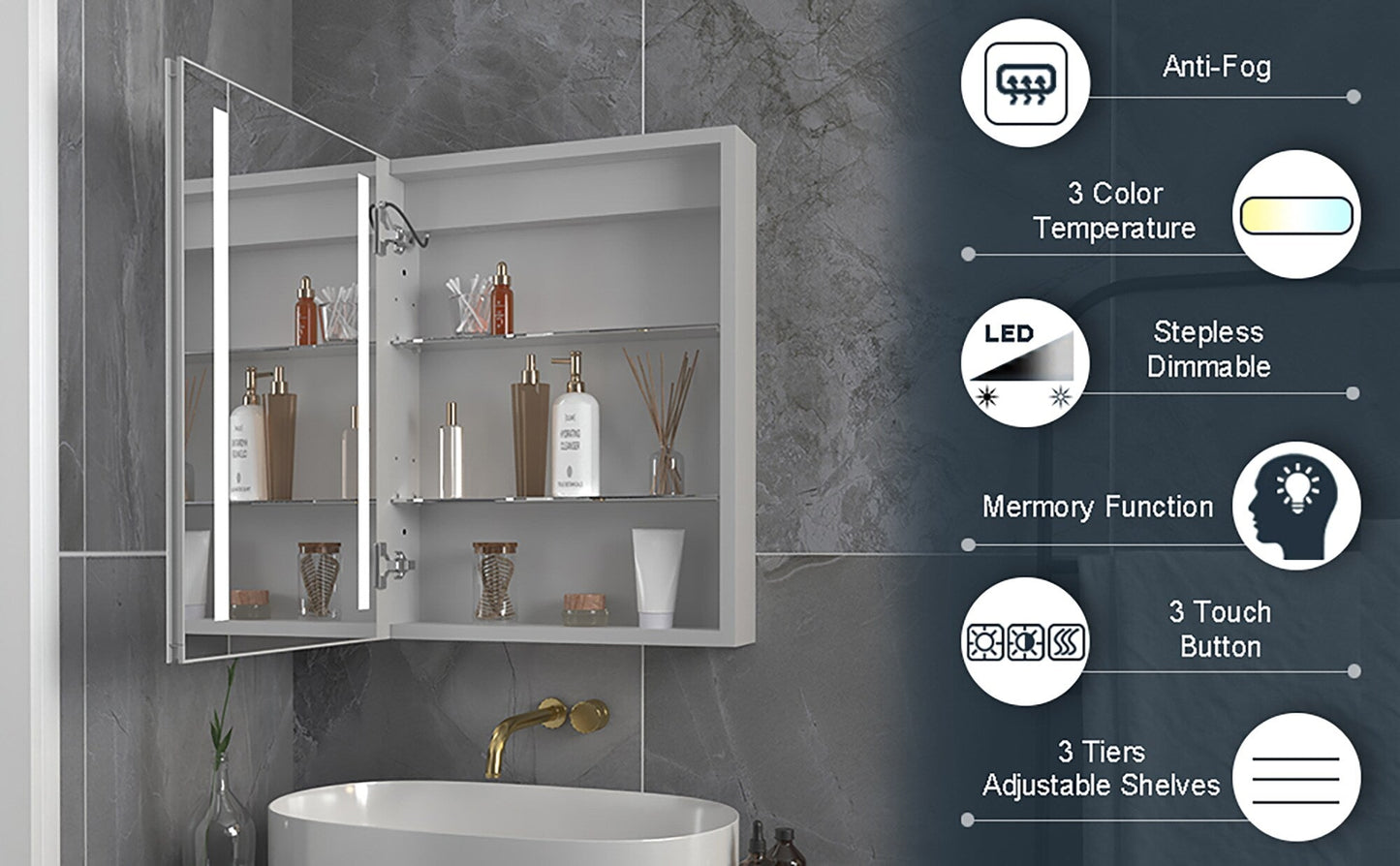 Forclover 20-in x 26-in Lighted LED Fog Free Surface/Recessed Mount Silver Mirrored Medicine Cabinet with Outlet