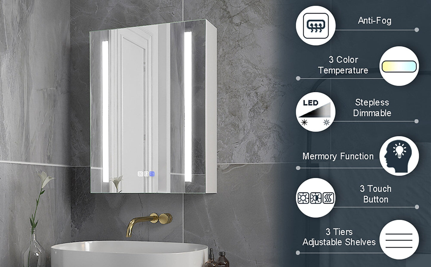 Forclover 20-in x 26-in Lighted LED Fog Free Surface/Recessed Mount Silver Mirrored Medicine Cabinet with Outlet