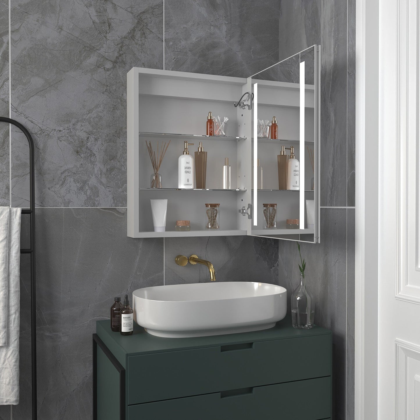 Forclover 20-in x 26-in Lighted LED Fog Free Surface/Recessed Mount Silver Mirrored Medicine Cabinet with Outlet