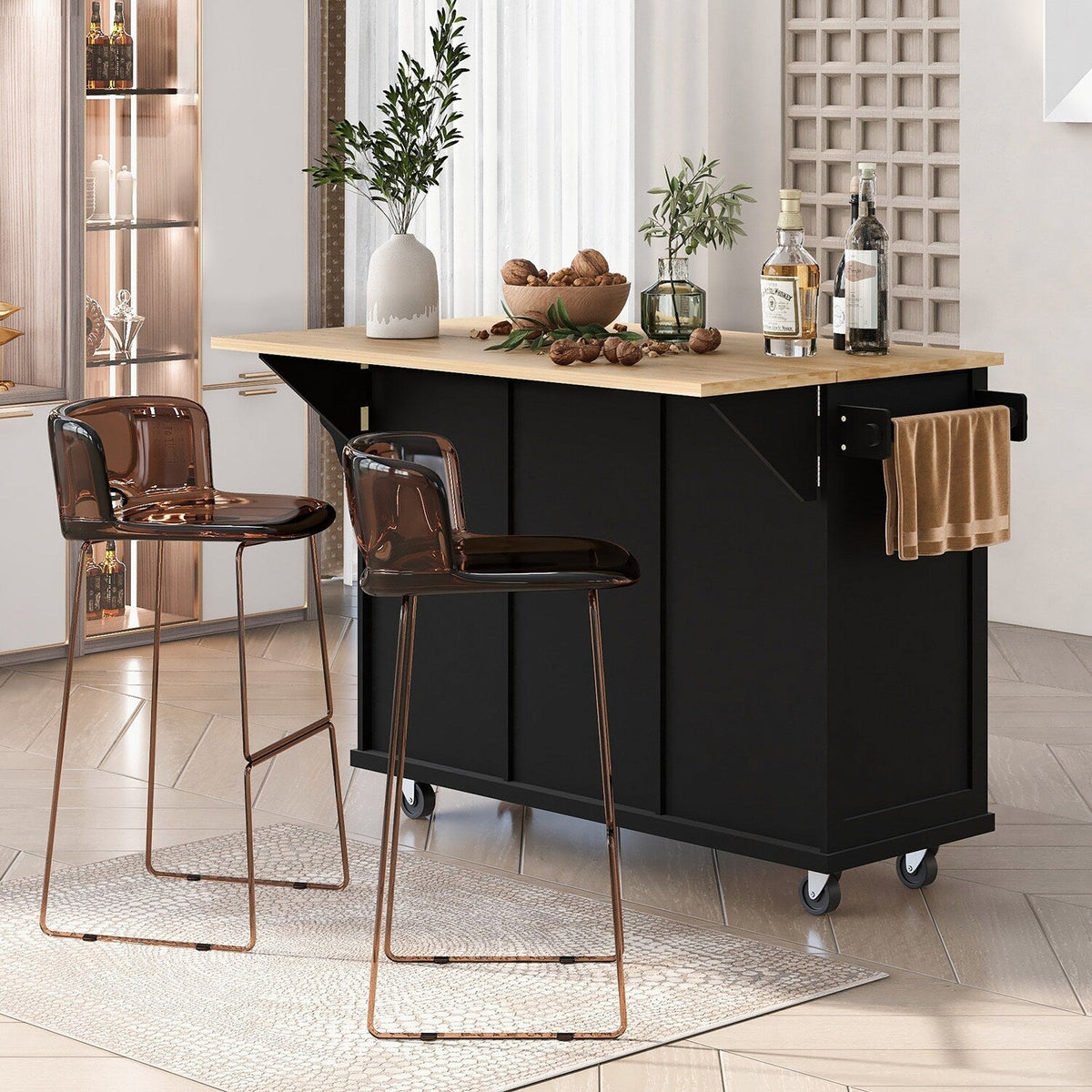SINOFURN Black Mdf Base with Wood Top Rolling Kitchen Cart (17.7-in x 53.1-in x 37.2-in)
